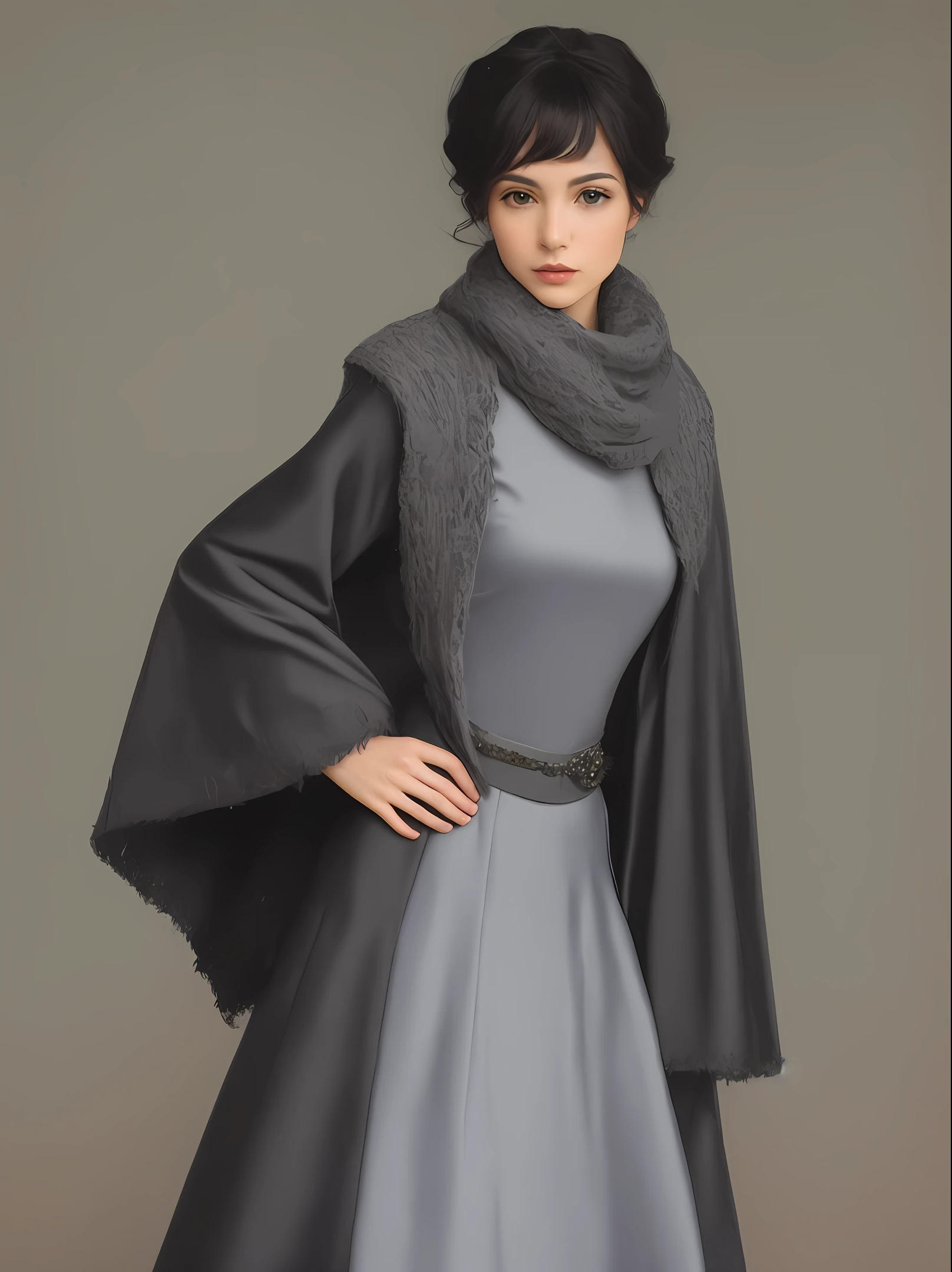 A cold woman dressed in gray silk
