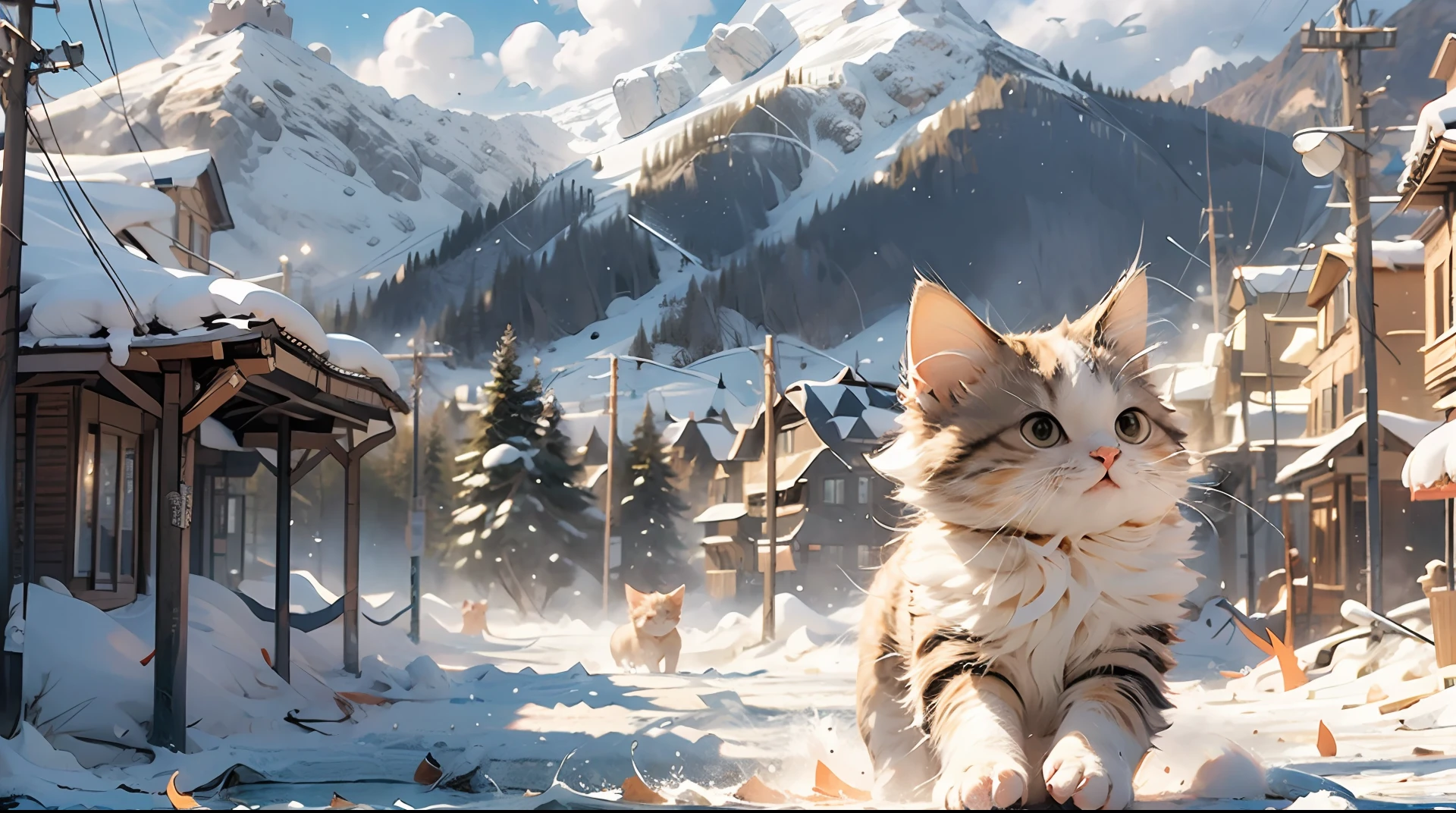 (Masterpiece:1.2, high quality),cat,snow mountain,running,cute,(orange and white short hair),ancient structure