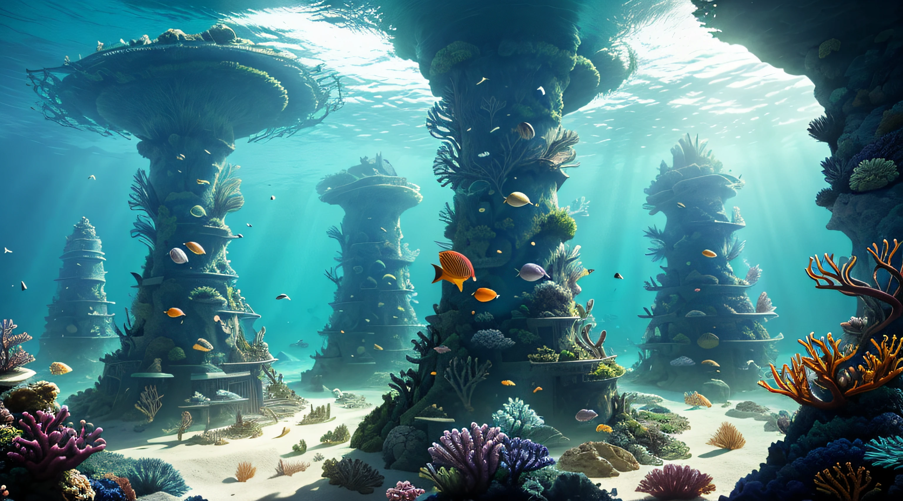 An unknown underwater world，tmasterpiece，(complexdetails), (Complicated details, Ultra detail: 1. 2), (Masterpiece, Best quality)fantasy concept art，Spectacular underwater world，Huge underwater ancient building，There are schools of fish in the sea, Swim past whales，There is a light source in the middle of the seafloor from top to bottom，Seaweed extends from the bottom of the ground，cyber punk perssonage，Various lighting effects，coloured with lots of colour，There is light in the darkness，There is also a coral building with a round cap，Roundcap corals have many small holes，There are fish swimming in the cave，There are three buildings in the distance，The first building was a building with a transparent shell，Inside is a stacked chlorophyll seaweed body matrix，The second building consists of the Fishman complex，Fish stocks at sea range from high to low, From thick to fine，There were a lot of fish in the third building，The spores hang very low, There are many miniature buildings inside，Near and far，nigth，Light from top to bottom illuminates the entire seabed，cyber punk perssonage，nice lighting effects, Wide shot, Filming under the sea，8k 辛烷值渲染, Photorealistic, epic shot, Cinematic lighting, detailed building, Detailed details，UHD resolution