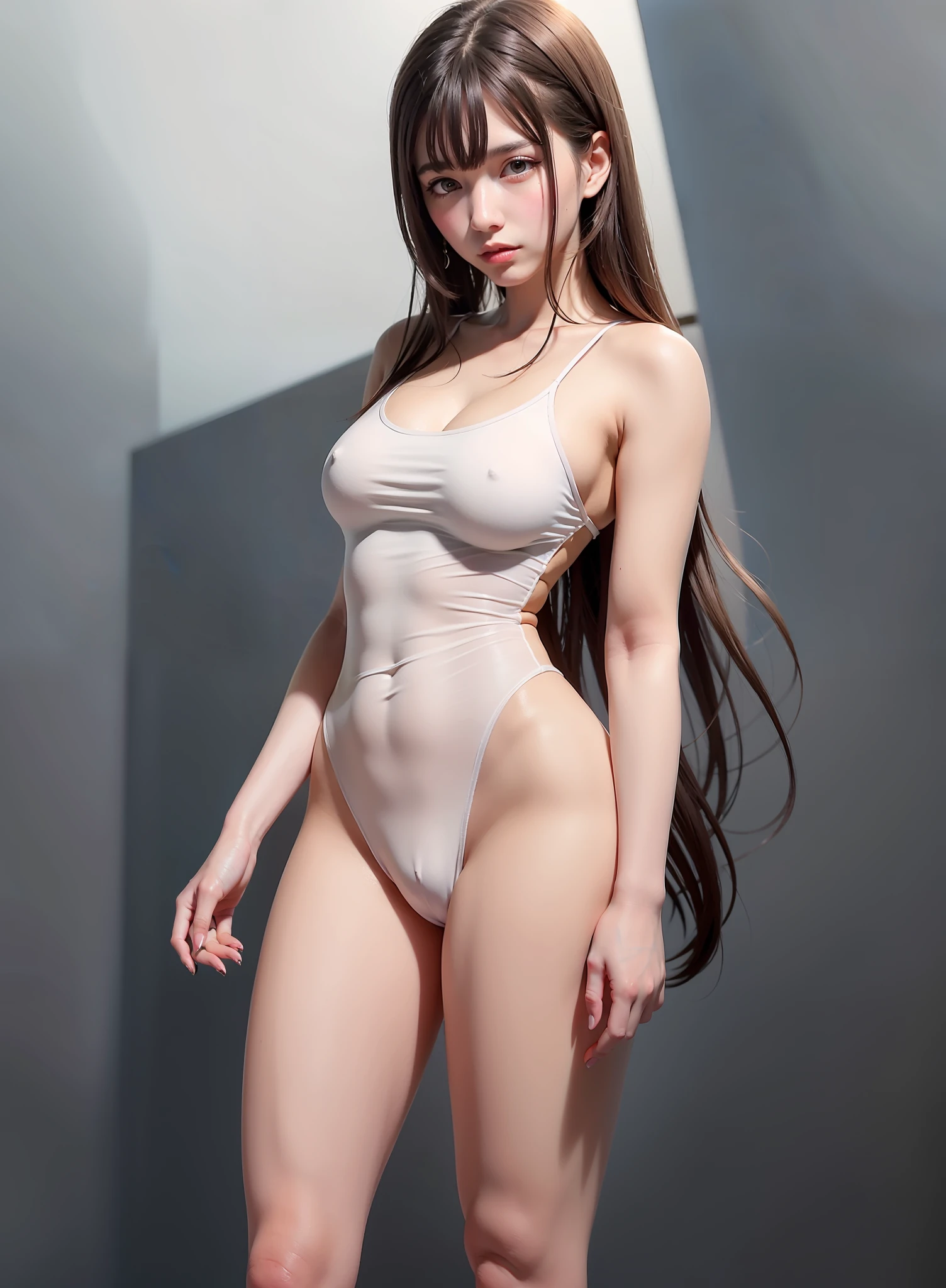 ((Best Picture Quality))Authentic Texture Clear Masterpiece HD Face Close-up Ray Tracing Delicate Face Double Eyelids Brown Hair Blue Eyes White Skin Skin Packed in Petri Dish Long Hair and Waist Blank Background White Translucent Clothes 1 Girl Look at the Camera Dim Lighting A tall yellow robot is next to it