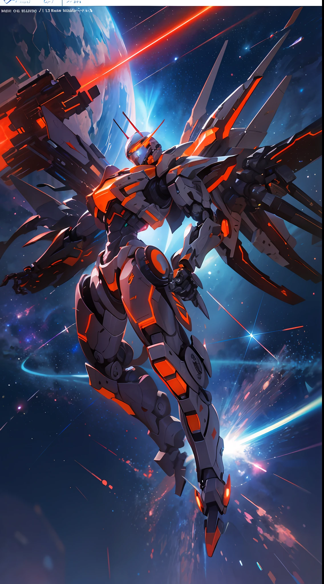 In space, huge planet, nebula, holding weapons, no humans, glowing, (female mech: 1.2), female robot, giant mechanical wings, mech wings, (flying in space: 1.3), comet fragments , glowing eyes, red mecha, science fiction, space, reality, mecha, galaxy background, neon lights, cyberpunk, HD wallpaper, CG art