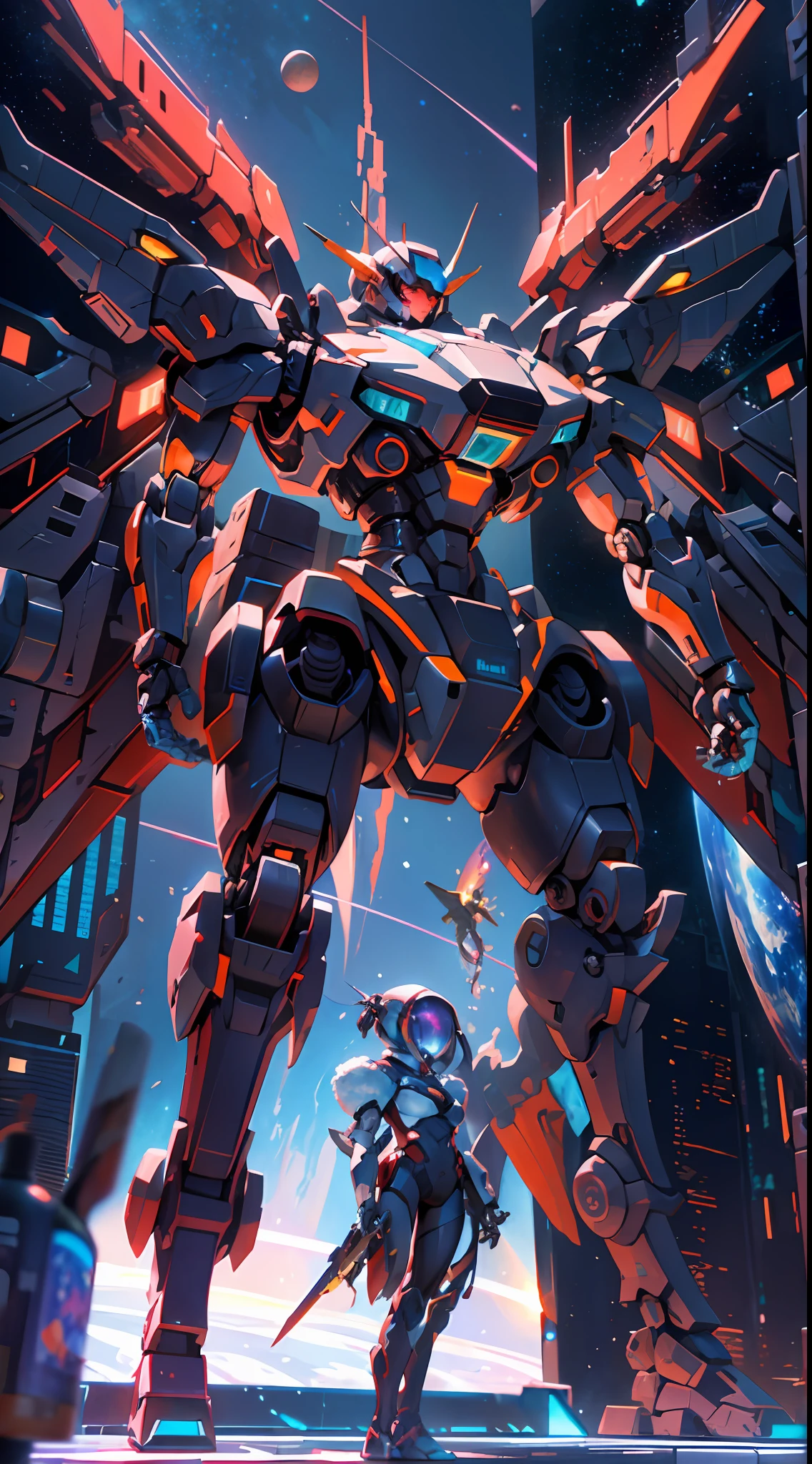 In space, huge planet, nebula, holding weapons, no humans, glowing, (female mech: 1.2), female robot, giant mechanical wings, mech wings, (flying in space: 1.3), comet fragments , glowing eyes, red mecha, science fiction, space, reality, mecha, galaxy background, neon lights, cyberpunk, HD wallpaper, CG art