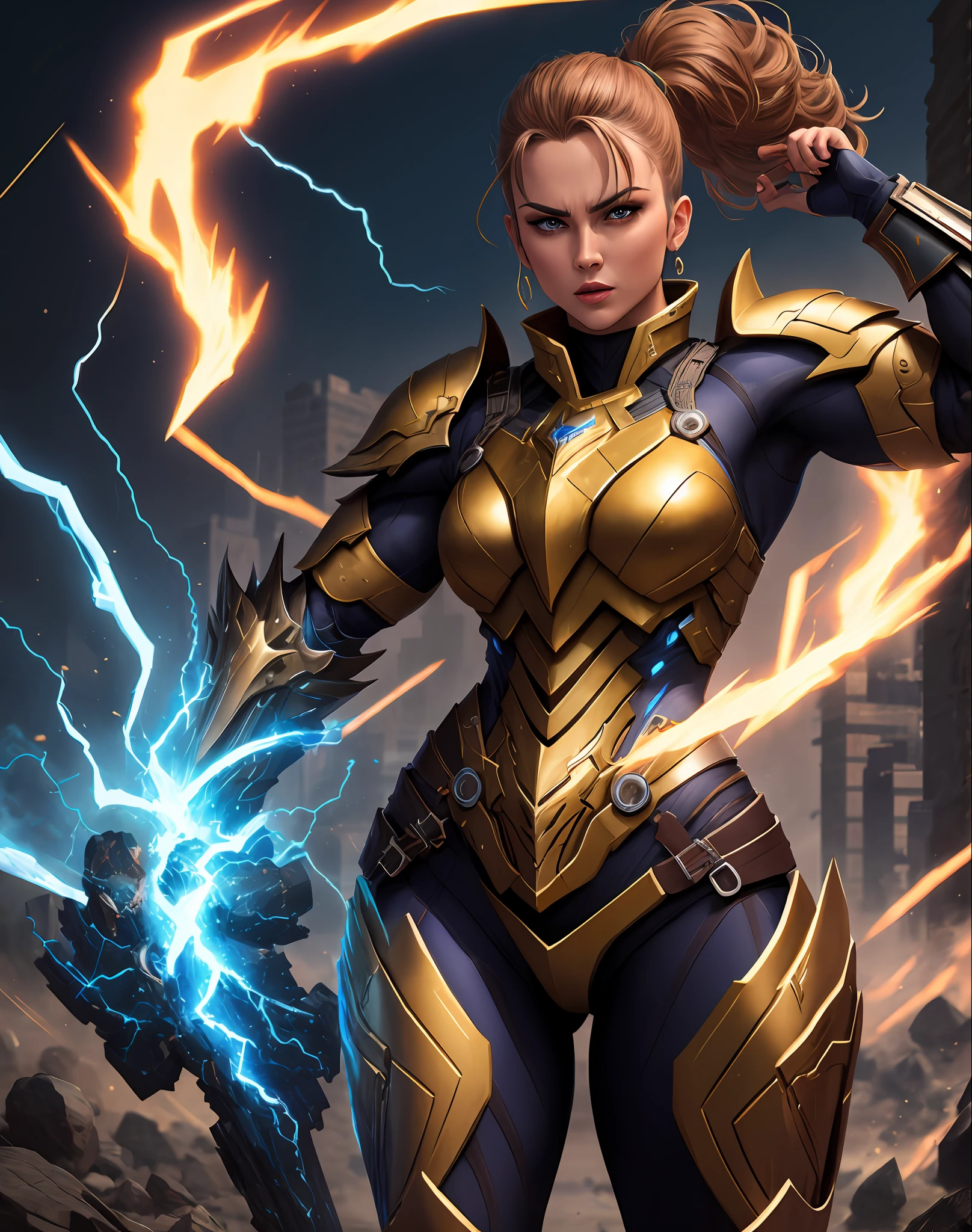 4K, Masterpiece, highres, absurdres, 
edgThunderstruck, a woman flexing, with a blue and gold armor ,wearing edgThunderstruck_armor, electrified, weilding thunder