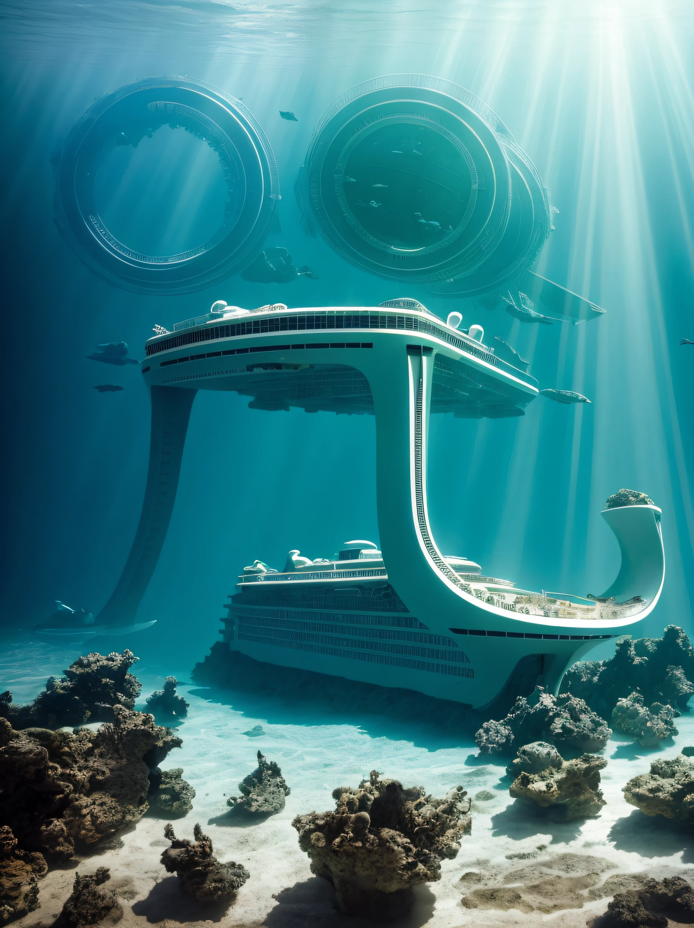 ocean floor,There is a large cruise ship floating in the water, Water surrounds the boat, atlantean, futuristic underwater metropolis, Floating palace, sunken ships, author:Mike Winckelman, Floating City, inspired by Mike Winkelmann, The Titanic is sinking, inspired by Chris Foss, Titanic exterior, Submerged on Titan, in a sci-fi shipping port
