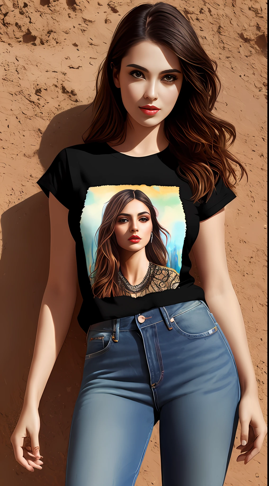 Create latin young women, in Full body photography of the most beautiful artwork in the world, a beautiful woman in intricate black round neck Tee-shirt, tight dirty jeans, ankle boots in the desert, rainbow colors, ArtStation, CGSociety, complex, high detail, clear focus, dramatic, realistic pictorial art trends Greg Rutkovsky