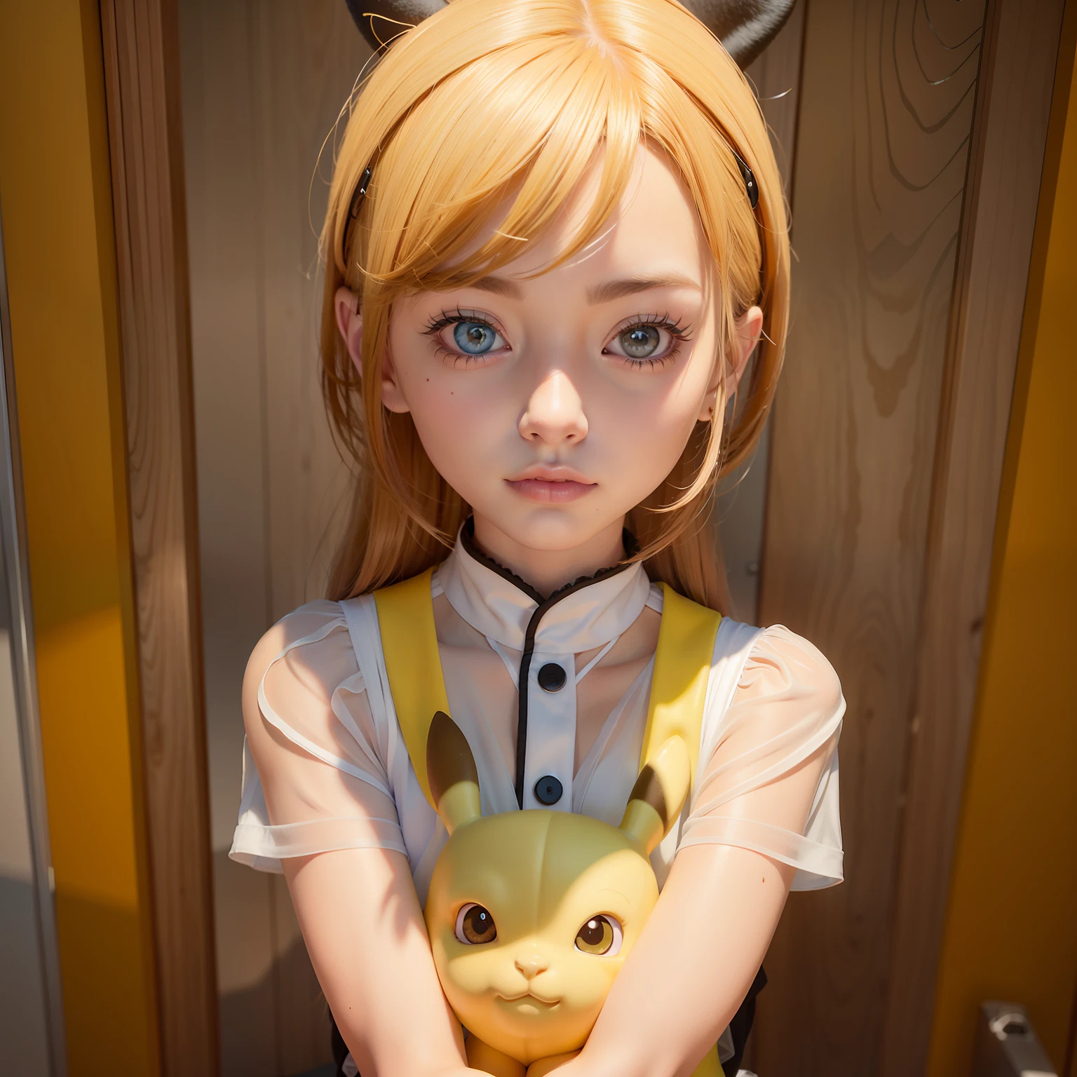 black hair girl，Blue eyes holding black Pikachu, render of a cute 3d anime girl, photorealistic anime girl rendering, Realistic anime 3 D style, Surrealism female students, Surrealism female students, Guviz-style artwork, 3 d anime realistic, anime styled 3d, Kawaii realistic portrait, Realistic young anime girl