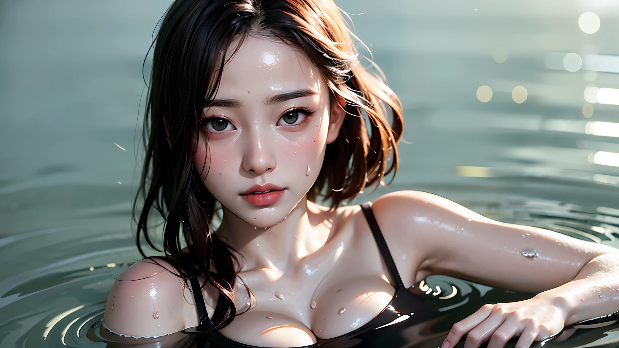 对称，High Detail RAW Color Photo Professional Close Photo，[:(high-detail face：1.2）：0.1]，（PureErosFace_V1：0.8），A half body，pores，real human skin，Portrait of an 18-year-old woman bathing underwater，Physical contact with water and ripples around it，Clear clean water，shinning eyes，looking at viewert，wetclothes，Lace lingerie big breasts，  wetbody， Wet hair， Tyndall effect， lens flare glow， shadowing， blooms， natural  lightting ， long whitr hair