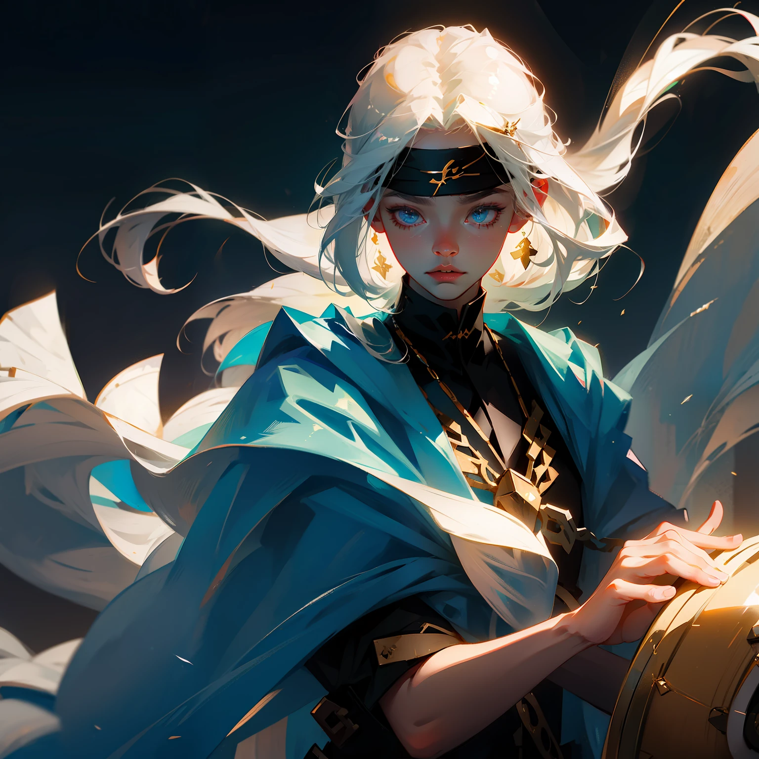 ancient wind,high and cold,The male protagonist has long white hair,Blindfold with ribbons,Dark background with light --auto