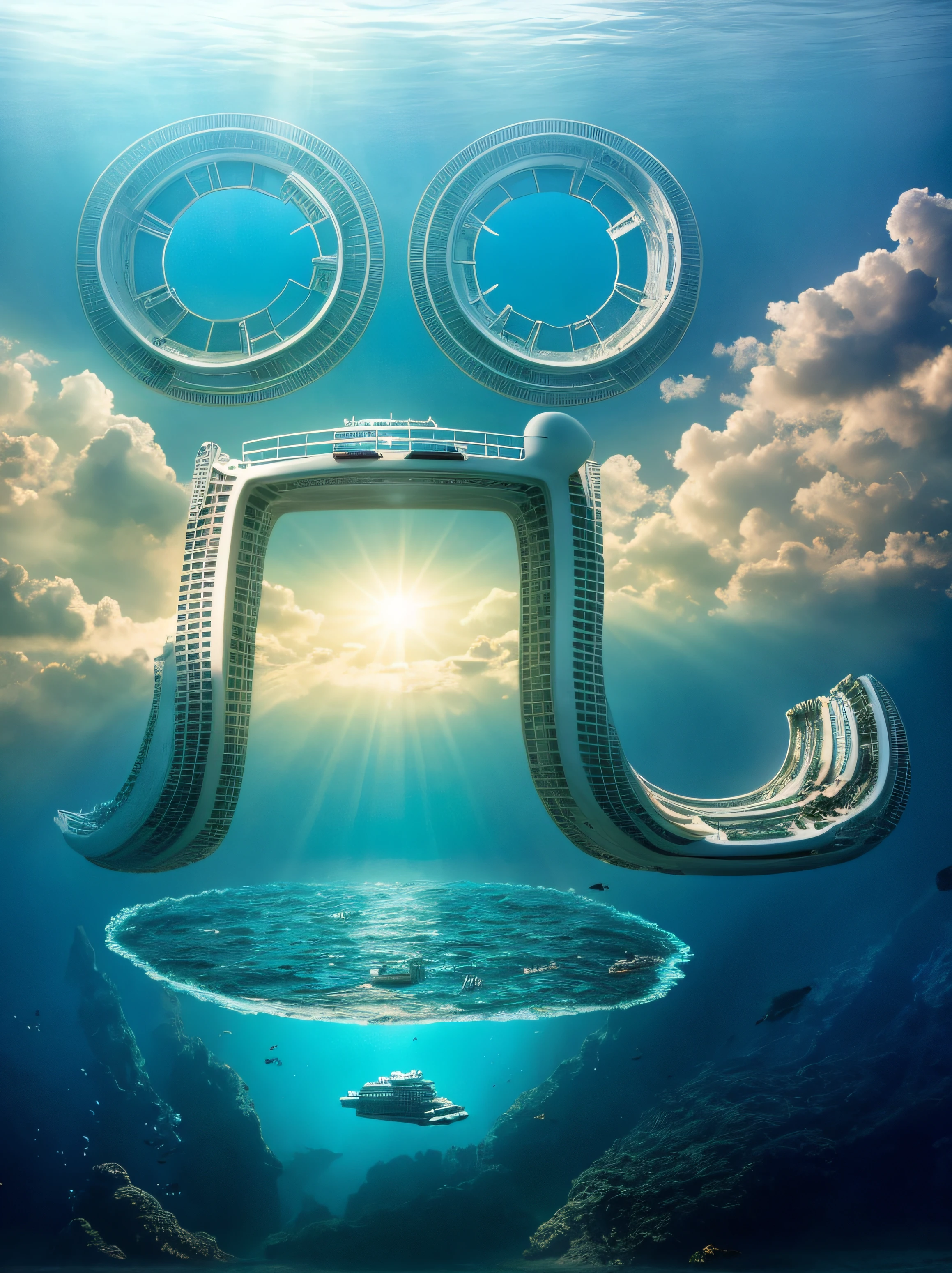 ocean floor，There is a large cruise ship floating in the water, Water surrounds the boat, atlantean, futuristic underwater metropolis, Floating palace, sunken ships, author：Mike Winckelman, Floating City, inspired by Mike Winkelmann, The Titanic is sinking, inspired by Chris Foss, Titanic exterior, Submerged on Titan, in a sci-fi shipping port