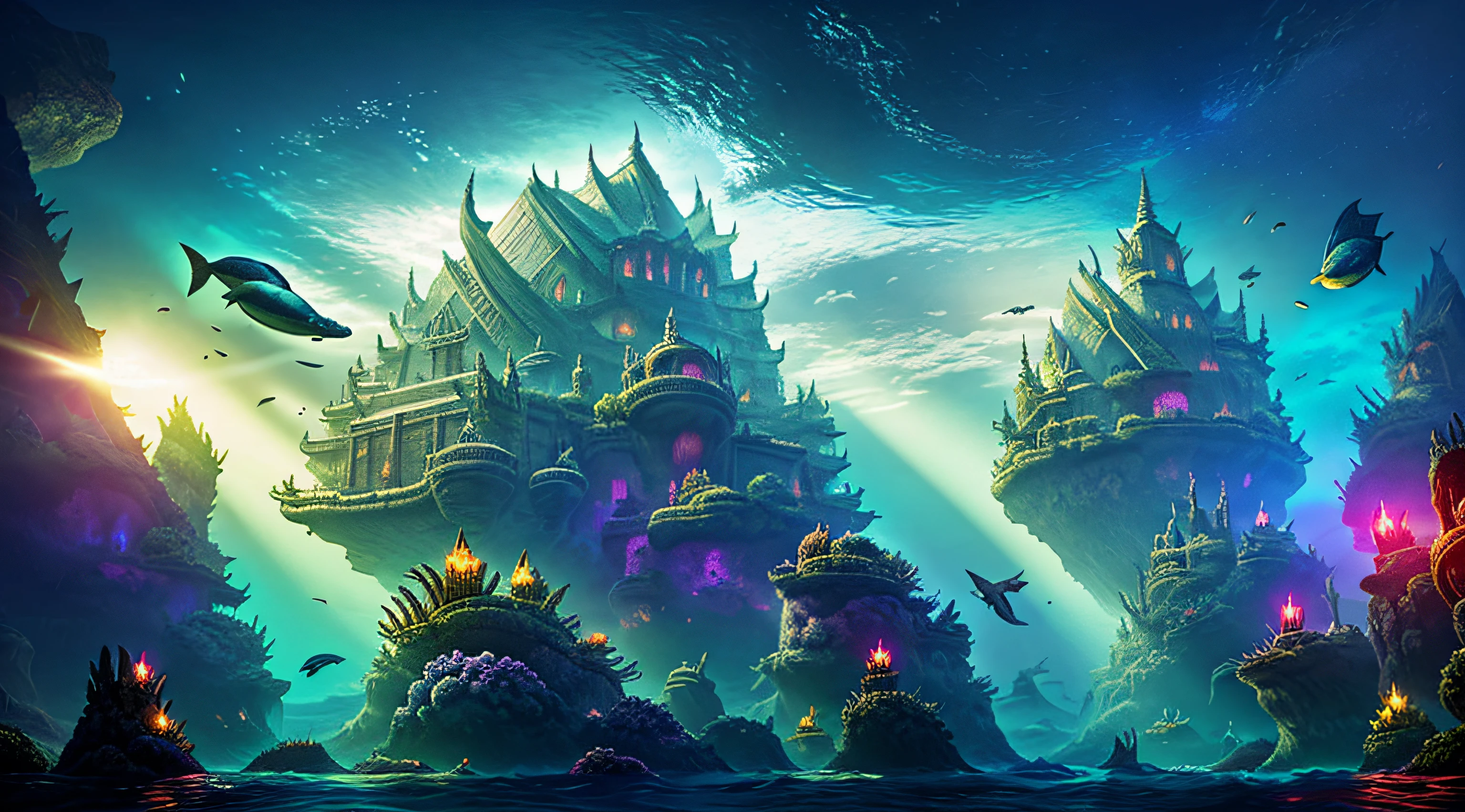 An unknown underwater world，tmasterpiece，fantasy concept art，Spectacular underwater world，Huge underwater ancient building，There are schools of fish in the sea, Swim past whales，In the distance there is a huge flower，There is a light source in the middle of the seafloor from top to bottom，Seaweed extends from the bottom of the ground，the night，cyber punk perssonage，Various lighting effects，coloured with lots of colour，There is light in the darkness，There is also a coral building with a round cap，Roundcap corals have many small holes，There are fish swimming in the cave，There are three buildings in the distance，The first building was a building with a transparent shell，Inside is a stacked chlorophyll seaweed body matrix，The second building consists of the Fishman complex，Fish stocks at sea range from high to low, From thick to fine，There were a lot of fish in the third building，The spores hang very low, There are many miniature buildings inside，Near and far，nigth，Light from top to bottom illuminates the entire seabed，cyber punk perssonage，nice lighting effects, Wide shot, Filming under the sea，8k 辛烷值渲染, Photorealistic, epic shot, Cinematic lighting, detailed building, Detailed details，UHD resolution