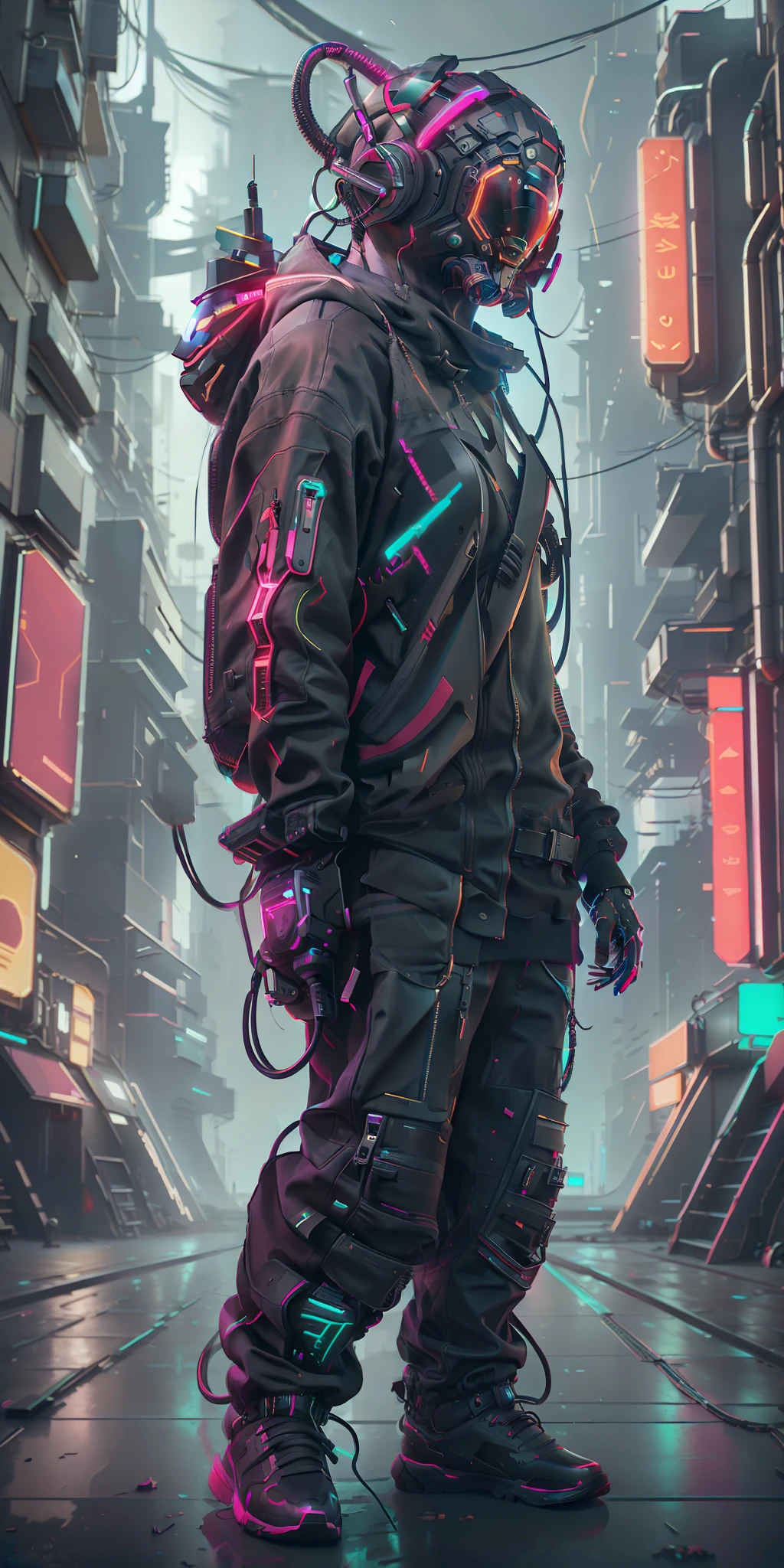 (masterpiece, full-body shot, intrincate raw photography)cyberpunk citizen in oversize techwear, using a black  astro daftpunk style helmet, neon light details, intrincate, futuristic, sharpness, ramdom pose, cyberpunk city, street neon lights, insta pic, photo of the year, octane render, substance, maya 3d, cinema4d, artstation trending, devian art trend,