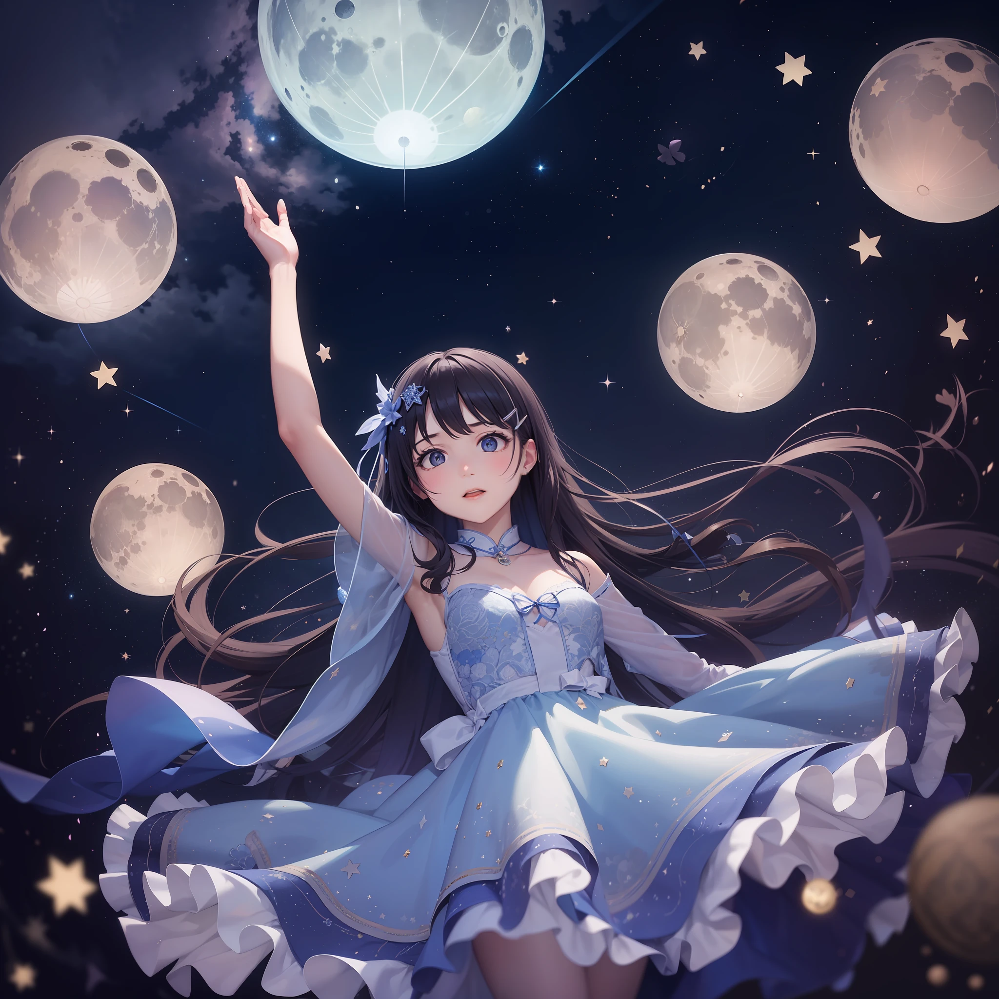theme："The world in a dream"　Background with：A dream world surrounded by starry skies。Camera Angle：Woman floating in the air、Exploring dreamy landscapes。She wears a transparent dress、Dancing freely in a dream。ornament detached：Hair clip of stars and moon。