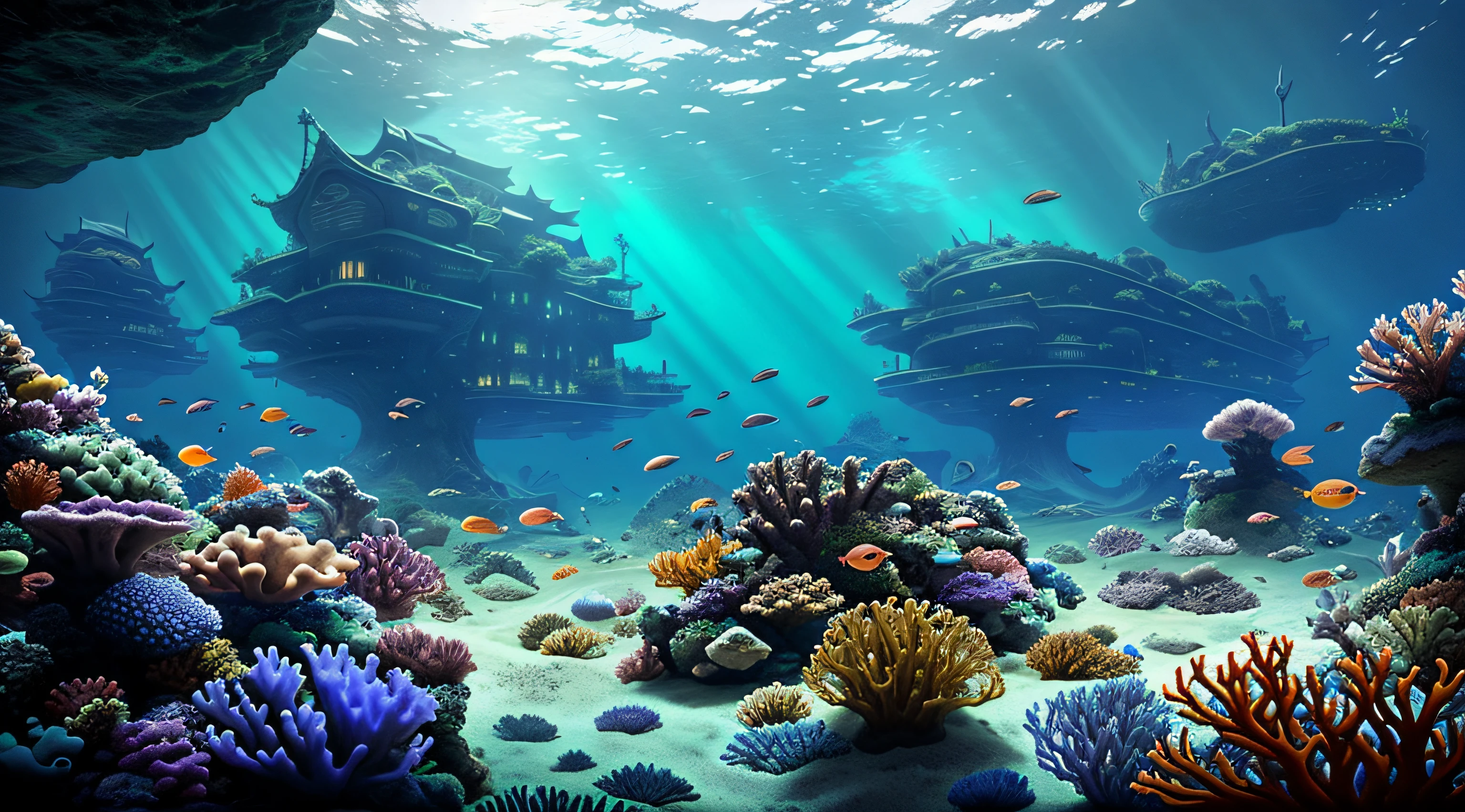 An unknown underwater world，tmasterpiece，fantasy concept art，Spectacular underwater world，Huge underwater ancient building，There are schools of fish in the sea, Swim past a whale，In the distance there is a huge flower，There is a light source in the middle of the seafloor from top to bottom，Seaweed extends from the bottom of the ground，the night，cyber punk perssonage，Various lighting effects，coloured with lots of colour，There is light in the darkness，There is also a coral building with a round cap，Roundcap corals have many small holes，There are fish swimming in the cave，There are three buildings in the distance，The first building was a building with a transparent shell，Inside is a stacked chlorophyll seaweed body matrix，The second building consists of the Fishman complex，Fish stocks at sea range from high to low, From thick to fine，There were a lot of fish in the third building，The spores hang low, There are many miniature buildings inside，Near and far，nigth，Light from top to bottom illuminates the entire seabed，cyber punk perssonage，nice lighting effects, Wide shot, Filming under the sea，8k 辛烷值渲染, Photorealistic, epic shot, Cinematic lighting, detailed building, Detailed details，UHD resolution