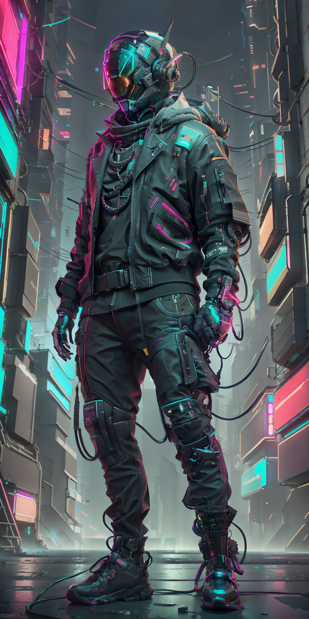 (masterpiece, full-body shot, intrincate raw photography)cyberpunk citizen in oversize techwear, using a black  astro daftpunk style helmet, neon light details, intrincate, futuristic, sharpness, ramdom pose, cyberpunk city, street neon lights, insta pic, photo of the year, octane render, substance, maya 3d, cinema4d, artstation trending, devian art trend,