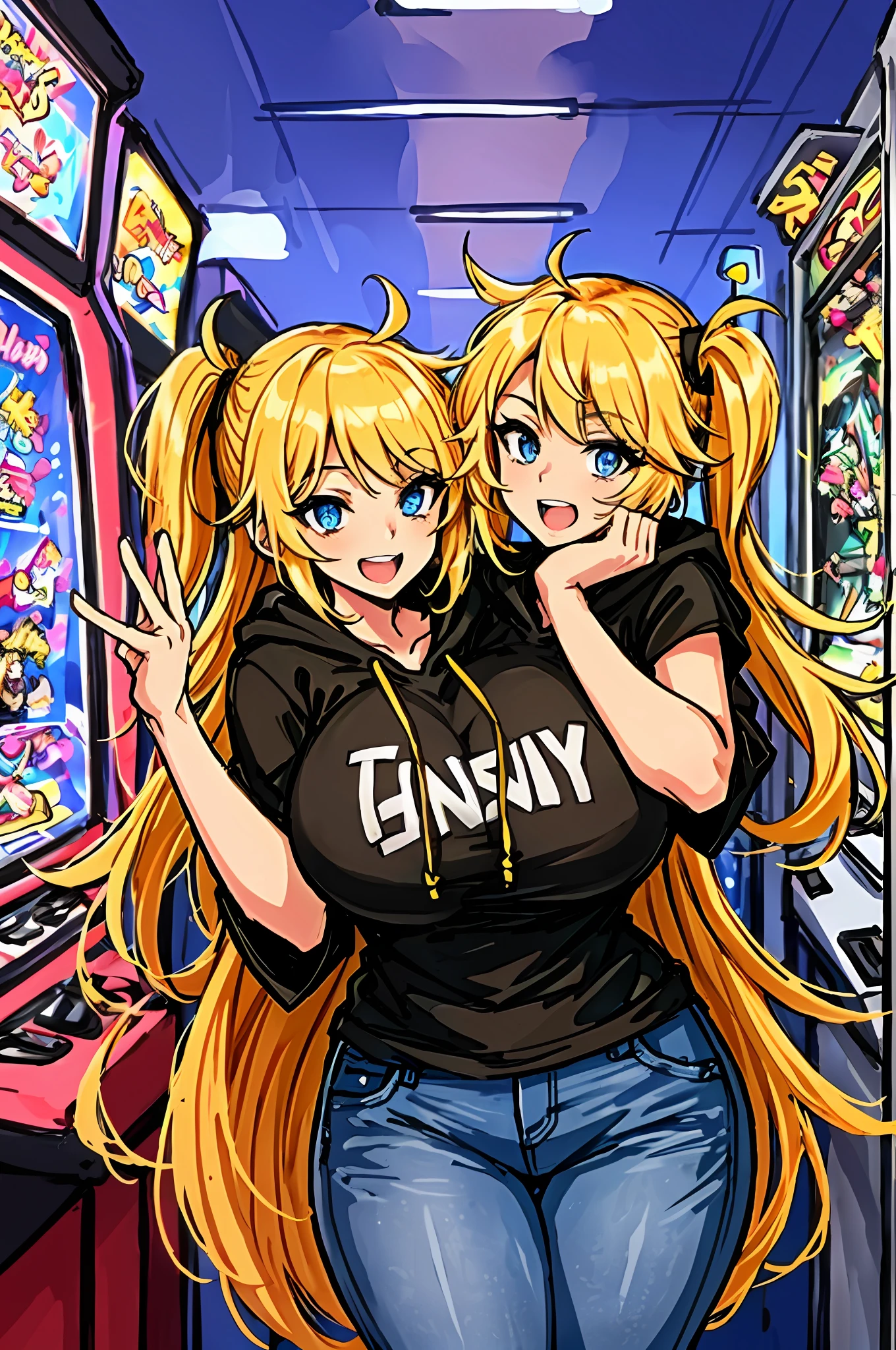 2heads, a short chubby woman with 2 heads. She has enormous breasts. She has messy hair. She looks nerdy. She is wearing a baggy hoodie and jeans. She is in an arcade that is only lit by arcade games. She looks excited. Her breasts are gigantic. 2 heads. Conjoined, two heads.