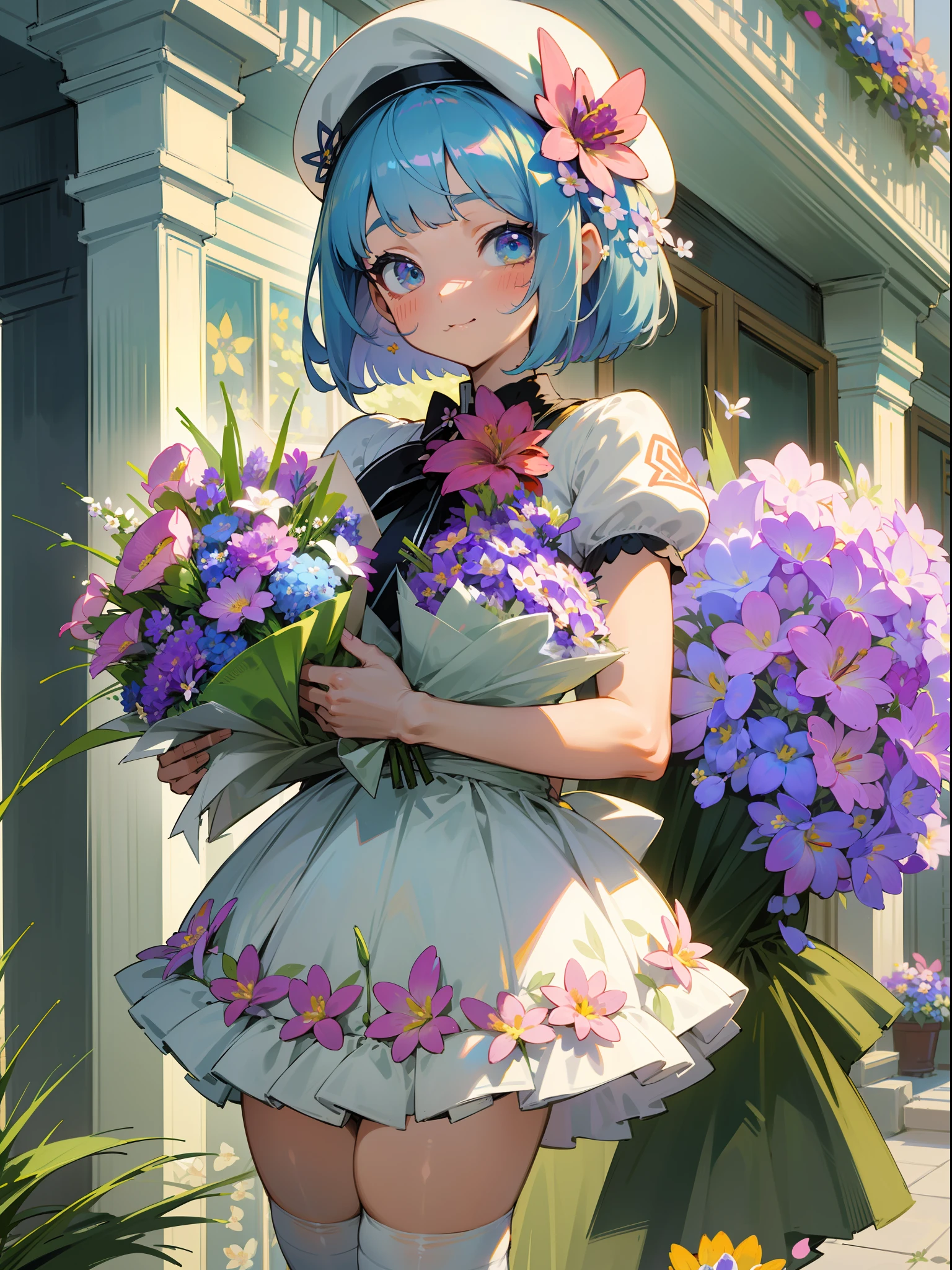master piece, hyper quality, Hyper Detailed, Perfect drawing,独奏,garl, bob cuts、Pastel colors hair、Big eyes with double eyelids、Passed nasal muscle、blusher:(0.2),Satin white dress、knee high socks、garterbelts、beret、a miniskirt,(((flower bouquet:1.5))),((Holding a large bouquet)), butt sticks out, Big round buttocks, Standing figure, ((Panties are slightly visible)), Tanned skin: (1.2), Cute smile, Sunburn scars: (1.5),Shooting from diagonally below, outside of house、blue-sky、Summer color、sunlight、Beautiful background, meticulous drawing, Accurate drawing.