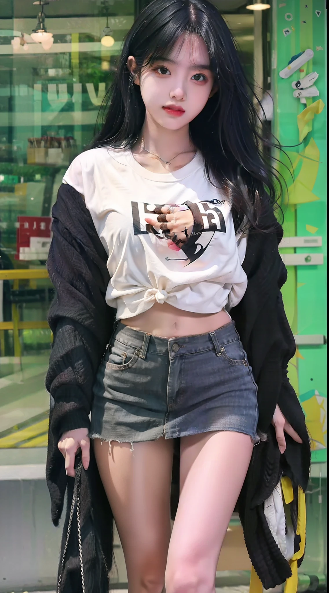 A girl with black hair，By bangs，solo, 15year old，perfect body figure，White shirt，Black miniskirt，Full body like