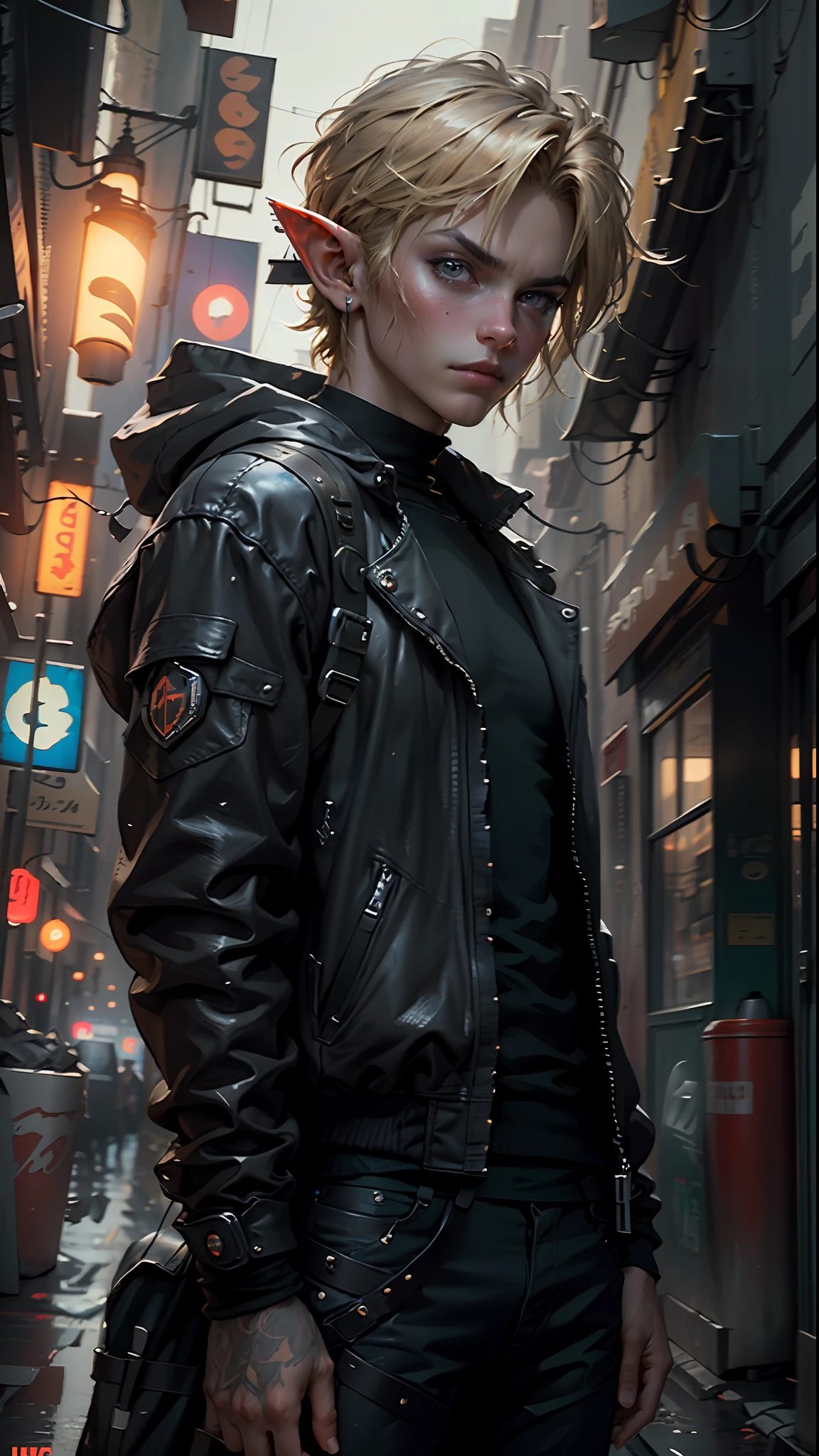 ultra detail, high resolution, ultra detailed, best quality, amazing, top quality, extremely detailed CG 8k wallpaper unit, cinematic lighting, Zelda cyberpunk link, cyberpunk, dark boy, black clothing, purple armor, neon berde, blond hair, elf