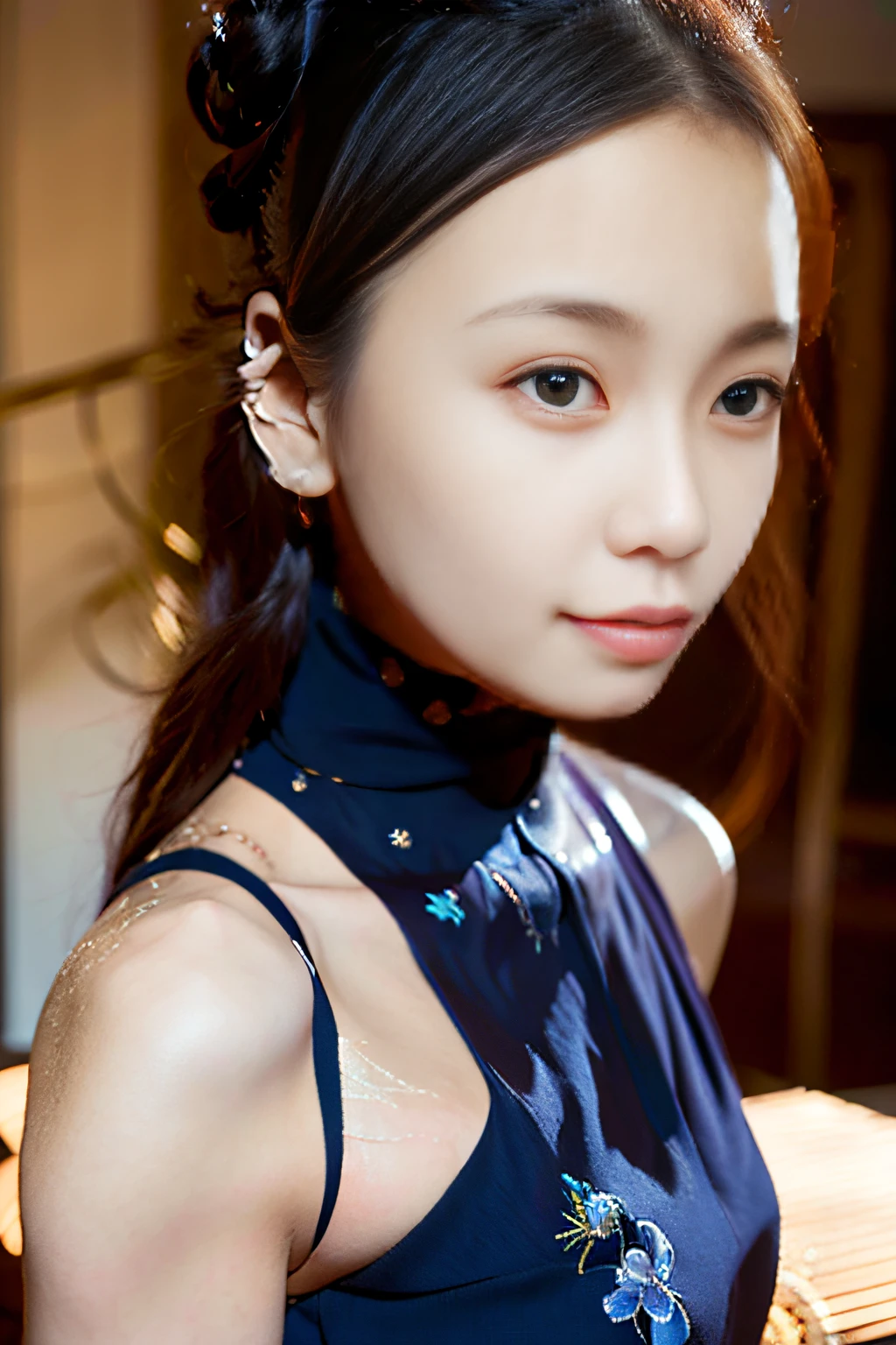 (space_buns_hairstyle:1.3),woman posing for a photo, wearing elegant dress,
good hand,4k, high-res, masterpiece, best quality, head:1.3,((Hasselblad photography)), finely detailed skin, sharp focus, (cinematic lighting), night, soft lighting, dynamic angle, [:(detailed face:1.2):0.2],(((in a bedroom))),
