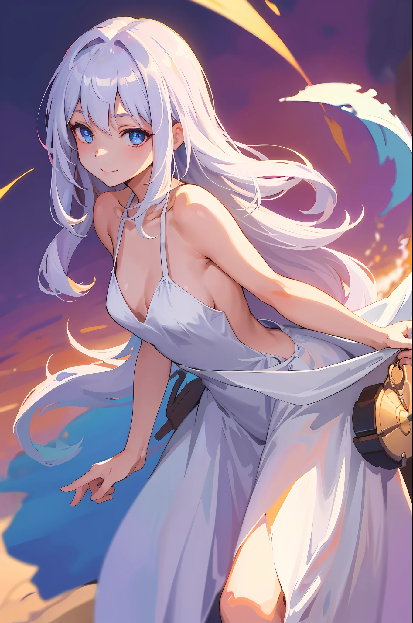 (Masterpiece, Best quality, A high resolution:1.4), 1girll, ((Unity 8k wallpaper, illustration, , beautiful and delicate detailed girl)), Small breasts, , Smile,Girl, Long hair, White hair, Blue eyes,Close-up,against backlight at dusk, Golden hour lighting, strong rimlight, intense shading, beautiful purple sunset at beach,Long white backless dress,Leaning forward,