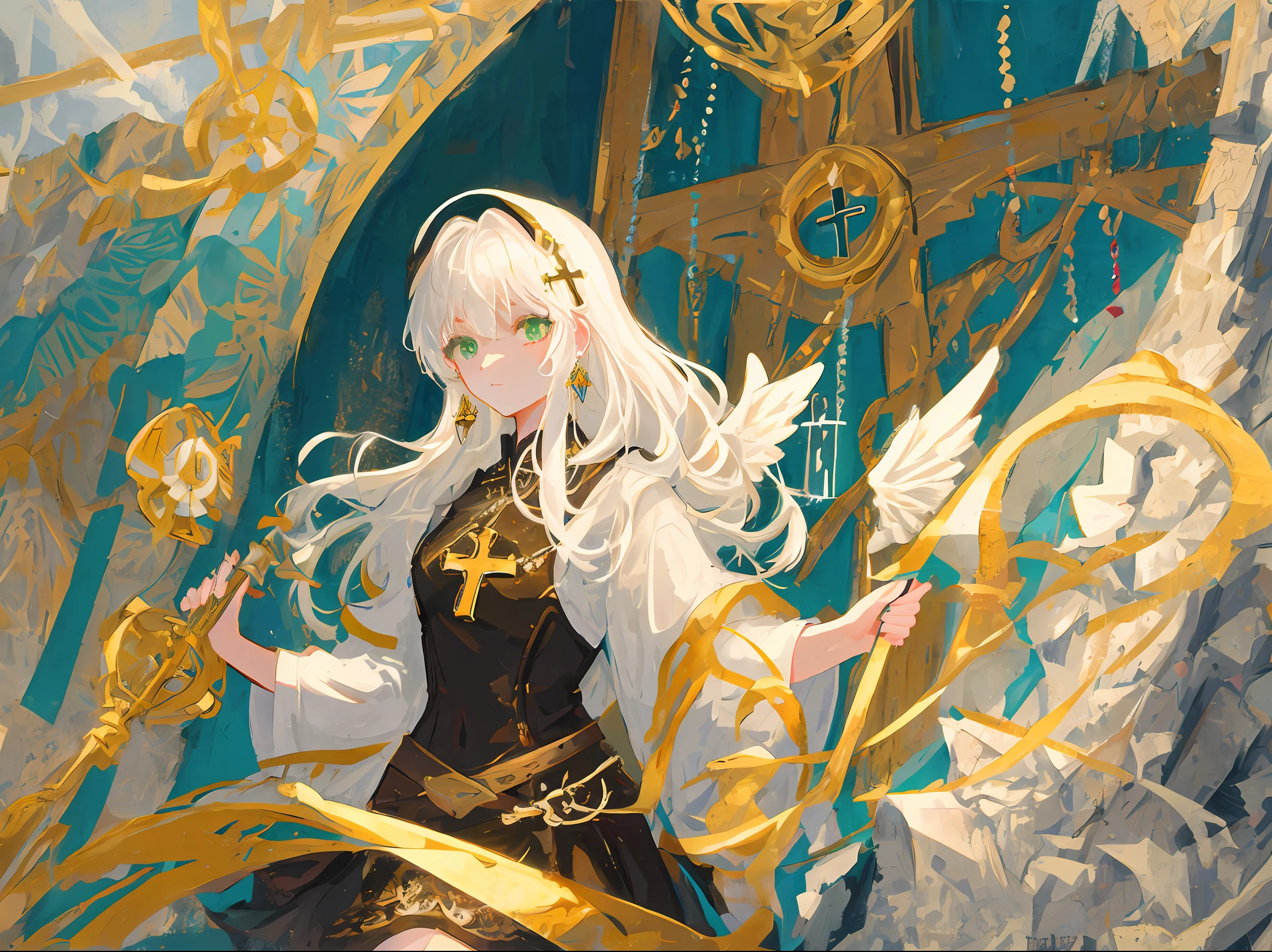 European mural style,A girl in the castle with angels、Cross and other Christian elements in the castle,white color hair,Green eyes,European looks