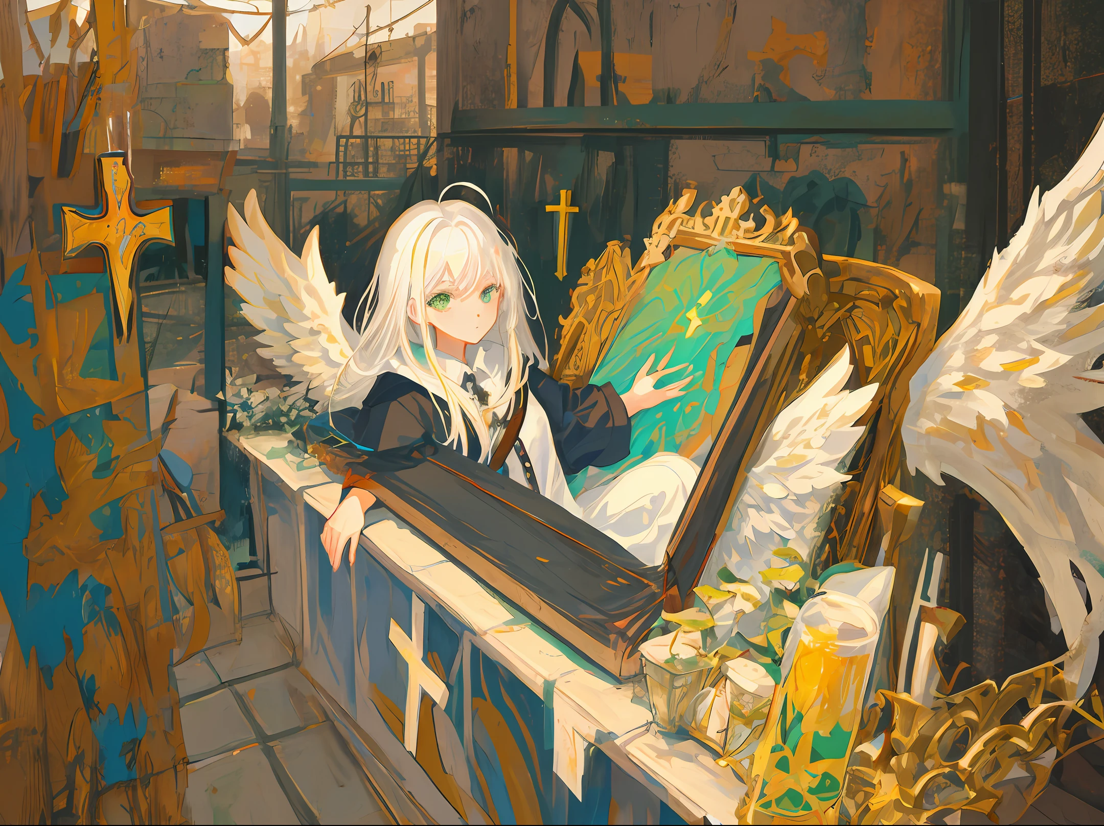 European mural style，A girl in the castle with angels、Cross and other Christian elements in the castle，white color hair，Green eyes，European looks