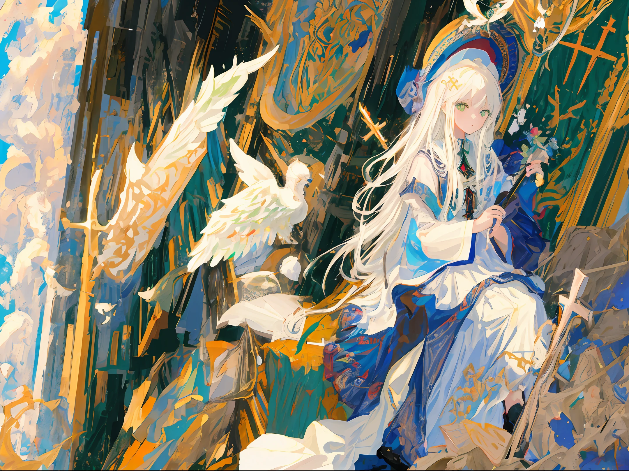 European mural style,A girl in the castle with angels、Cross and other Christian elements in the castle,white color hair,Green eyes,European looks
