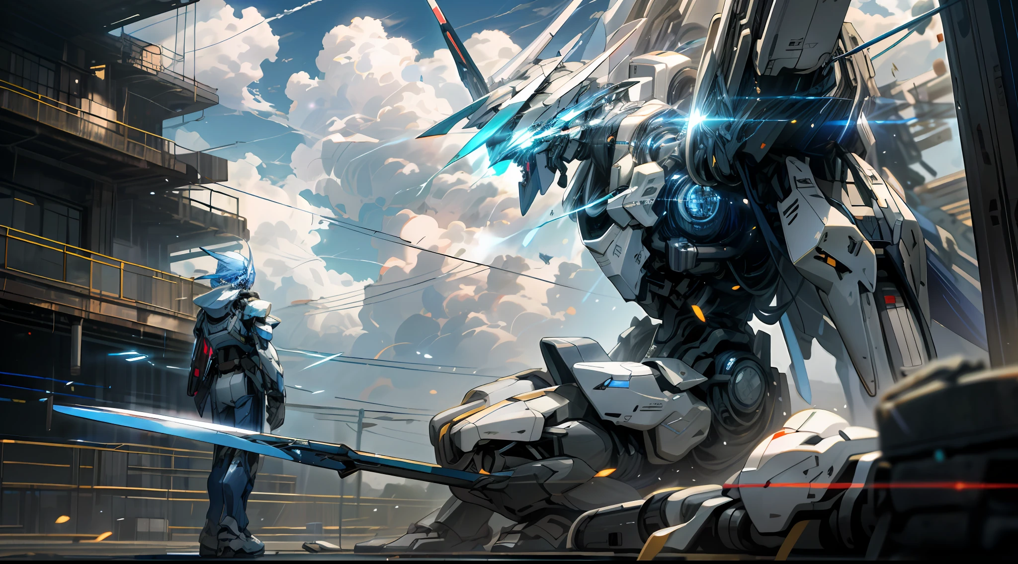 Skysky,clouds,holding_weapon,no_humans,with light glowing,,droid,buliding,glowing_eyes,mecha,scientific fiction,城市,Realistis,mecha,Elbows are blue and white