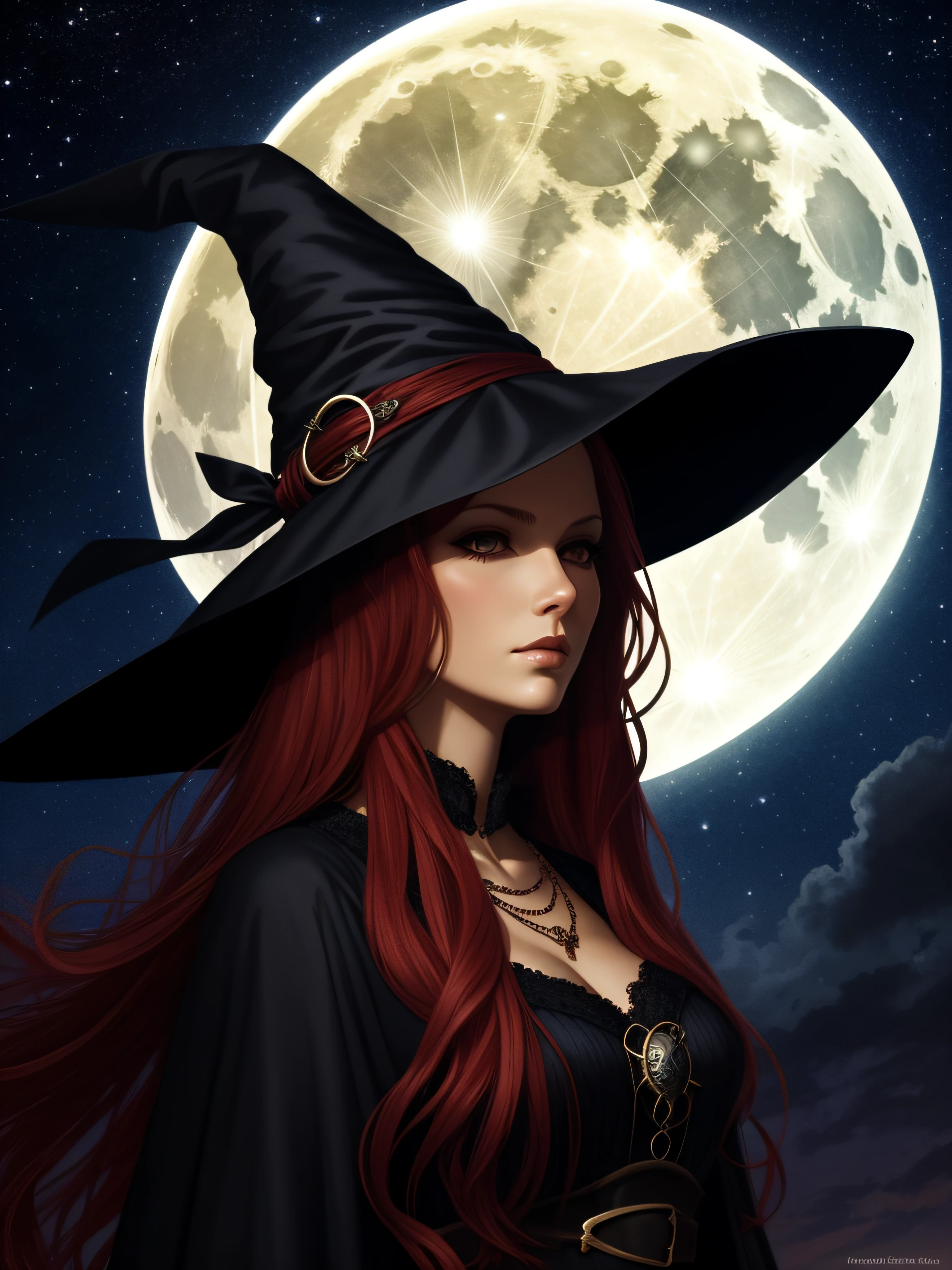 beautiful female witch, long red hair, big black witch hat, facing camera, night sky, full moon, highly detailed, royo