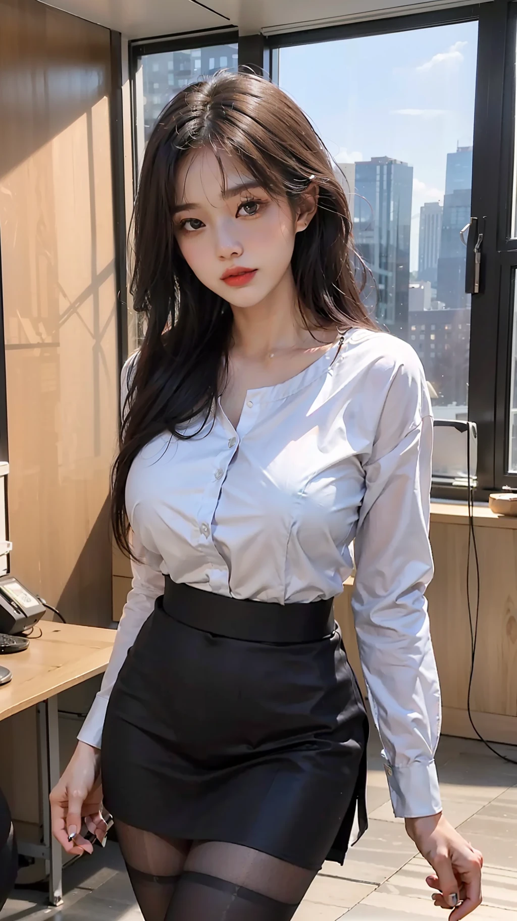 ((midynight, Need, 8K, tmasterpiece:1.3)), full bodyesbian, Long legs, Focalors:1.2, perfect figure beautiful woman:1.4, Slim abs:1.1, ((Dark brown hair, huge tit:1.2 )), (White tight shirt, office uniform,Black silk skirt, standing on your feet:1.2), ((city night scene,Office floor-to-ceiling windows:1.3)), Highly detailed facial and skin texture, A detailed eye, largeeyes,cute face,Alafeld Asian woman posing for photo in shirt and short black silk skirt, very sexy outfit, Sexy style, Asian, Sexy girl, Sexy outfit, sexy body and sexy abdomen, spellbinding,spellbinding, Sexy look, stunning high tech, hot petite, seductive and powerful, Jaw-dropping beauty, seductive lady,((blacksilk:1.5 )),((black lence stockings:1.5 ))