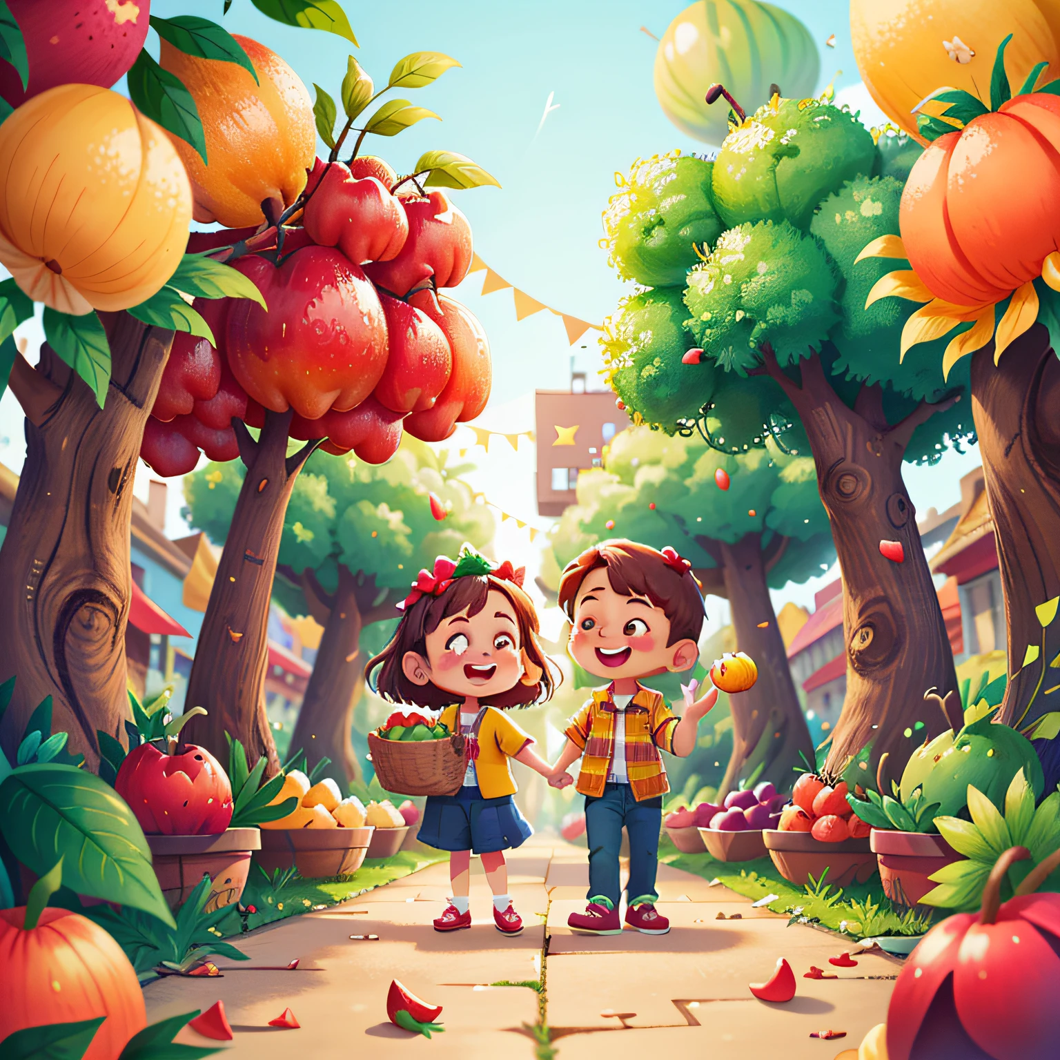 A beautiful city with orchards full of fruits and vegetables with happy people