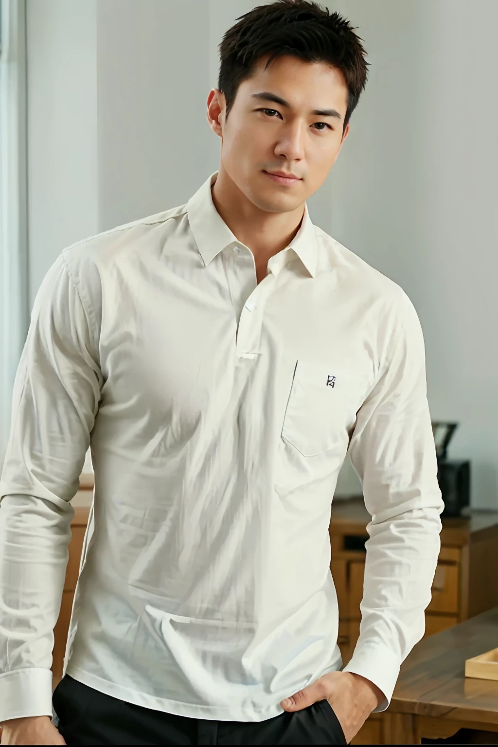 1人, 
a 30 y.o Muscular males，Wear a long-sleeved white shirt and tie, Drinking coffee,
Soft lighting, 
Masterpiece, Best quality, 8K  UHD, Digital SLR, filmgrain, Fujifilm XT3 The art of realistic painting，Composed by Midjourney and Greg Rutkowski