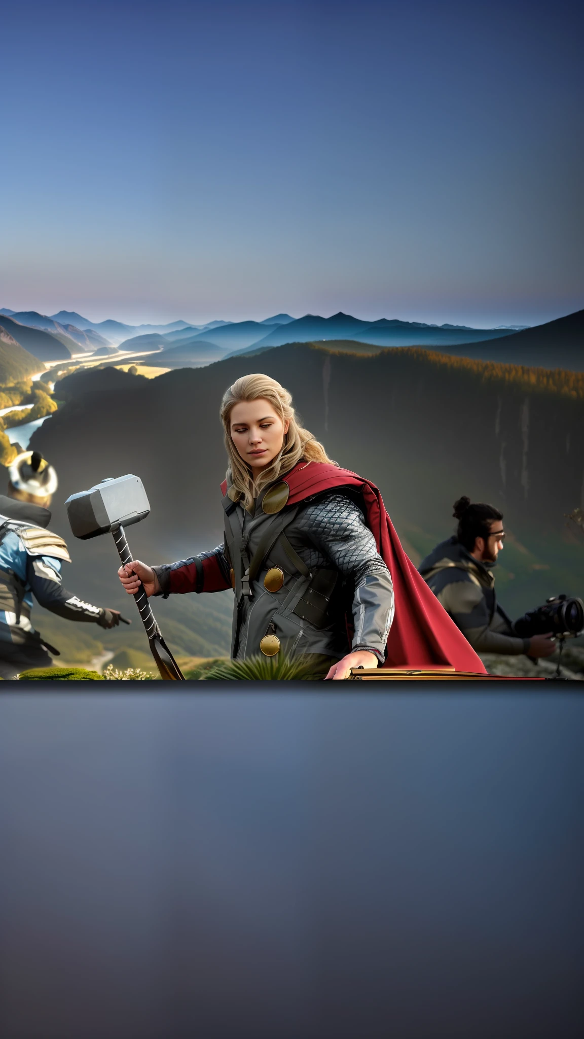 (realistic 4K landscape), best quality, (detailed mountain hills), natural terrain, (golden hour lighting), breathtaking view, (infused with natural textures and colors), serene atmosphere, (overlooking valley and river), (a tranquil escape from the city)