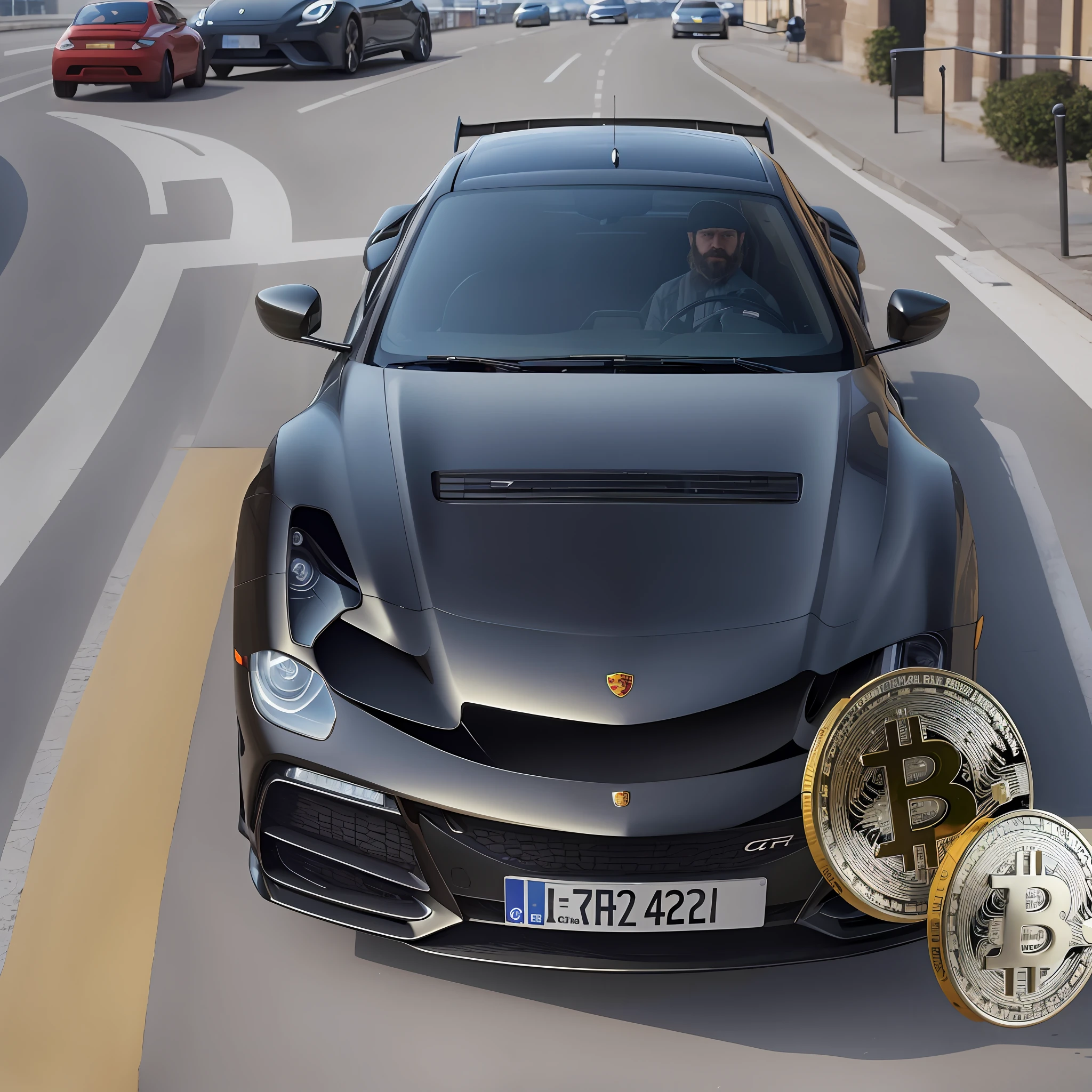 Arafed sports car with a watch on the road next door, criptomoeda, Porsche, Carro esportivo, cripto, Chiron, Criptomoeda em segundo plano, car trading game, bitcoin, anonymous as a car, Typical cryptocurrency nerd, Bitcoin Mal, cofre cripto gigante, varanda, Um cara barbudo vermelho dirigindo um GT3s, Valor cripto, GTR XU1