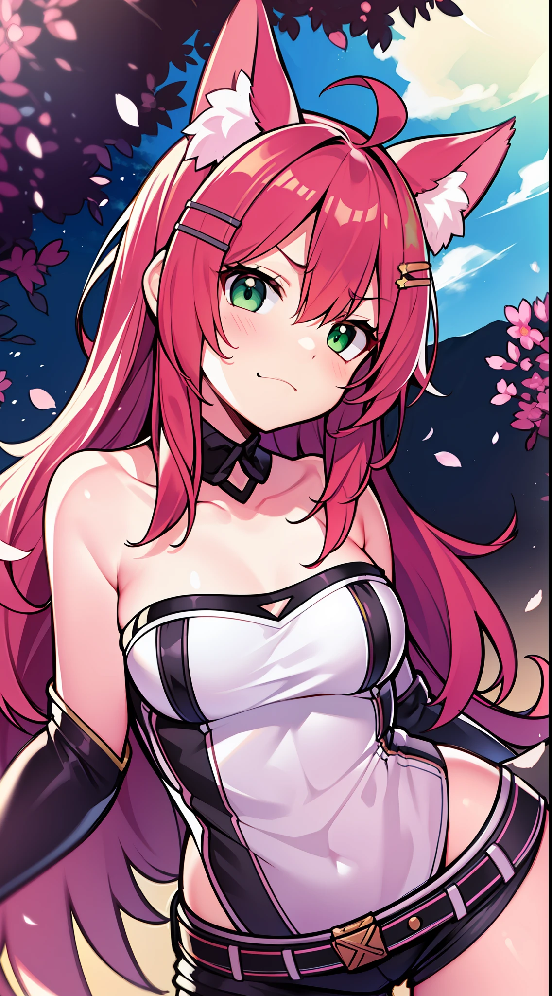 (dutch tilt, low angle:1.5), masterpiece, 8k wallpaper, absurdres, best quality, dynamic angle, 1girl, fox ears, charming, delicate, extremely cute, small breasts, crimson hair, ahoge, long hair, side locks, hair braids, detailed eyes, green eyes, (strapless top, shorts, frowning, big smile, mischievous, standing, leaning forward:1.2), hair clips, blush, detailed background, outdoors, nature, sakura trees, sun, bushes, [butterflies], mountains, sun, clouds,
