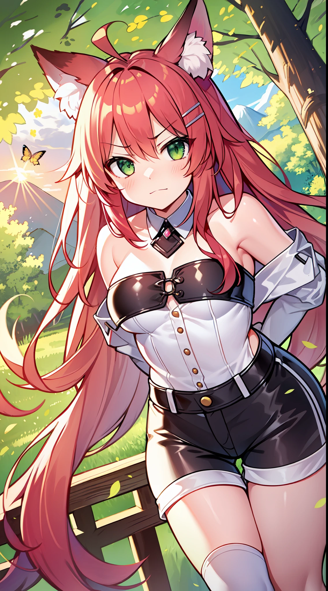 (dutch tilt, from below:1.5), masterpiece, 8k wallpaper, absurdres, best quality, dynamic angle, 1girl, fox ears, charming, delicate, extremely cute, small breasts, crimson hair, ahoge, long hair, side locks, hair braids, detailed eyes, green eyes, (strapless top, shorts, frowning, big smile, mischievous, standing, leaning forward:1.2), hair clips, blush, detailed background, outdoors, nature, sakura trees, sun, bushes, [butterflies], mountains, sun, clouds,