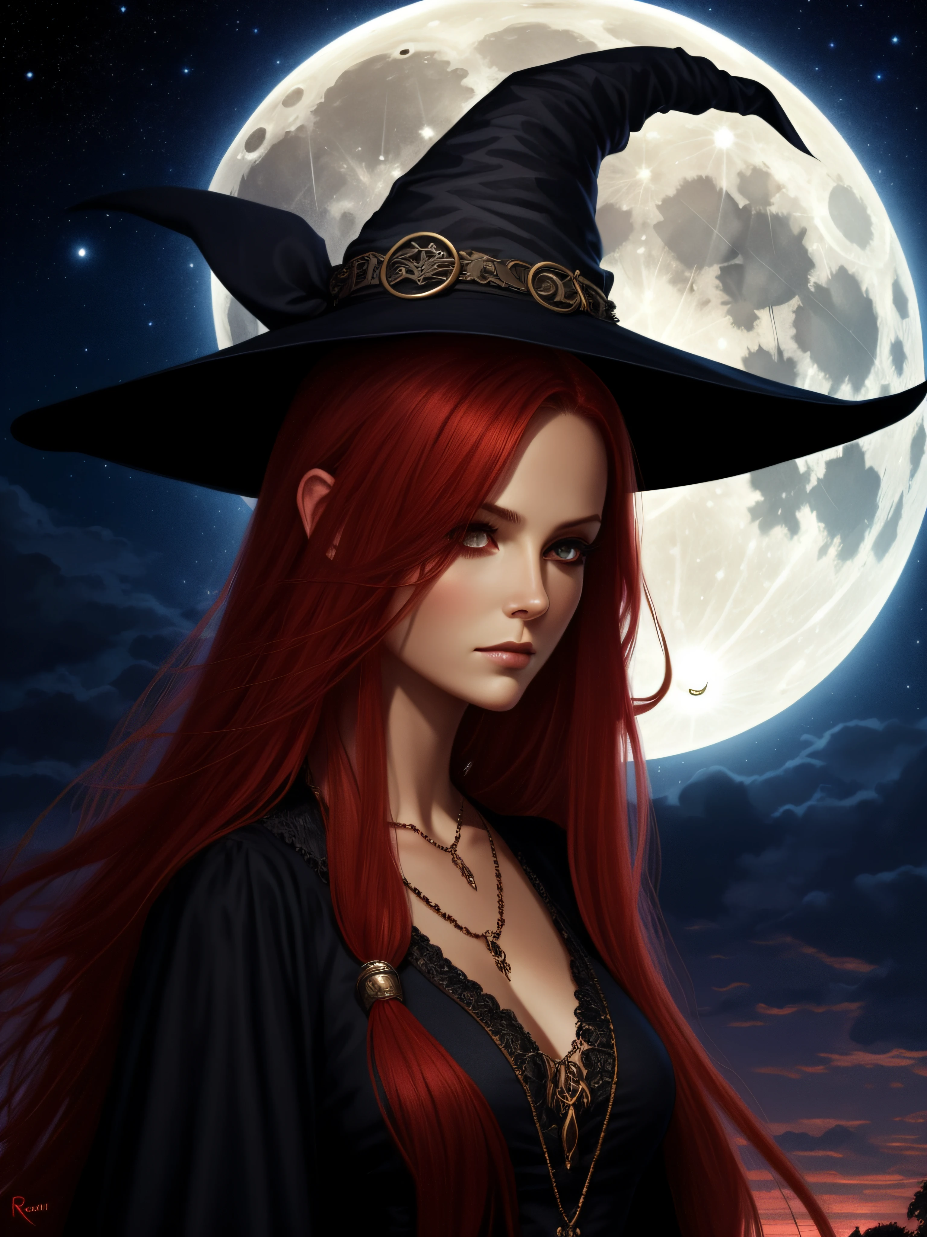 beautiful female witch, long red hair, big black witch hat, facing camera, night sky, full moon, highly detailed, royo