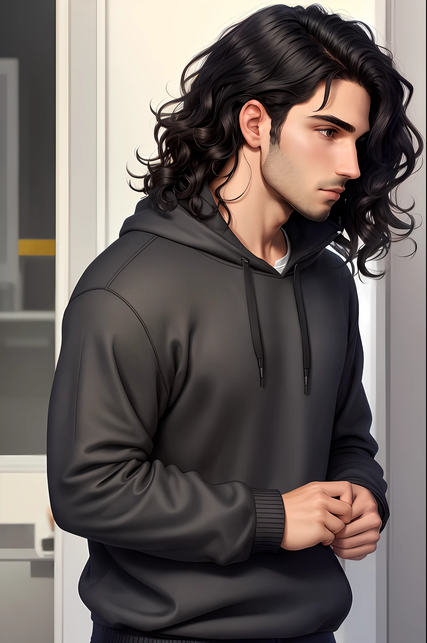 One in profile taking a call, short black wavy hair, with a sweatshirt, masculine, man