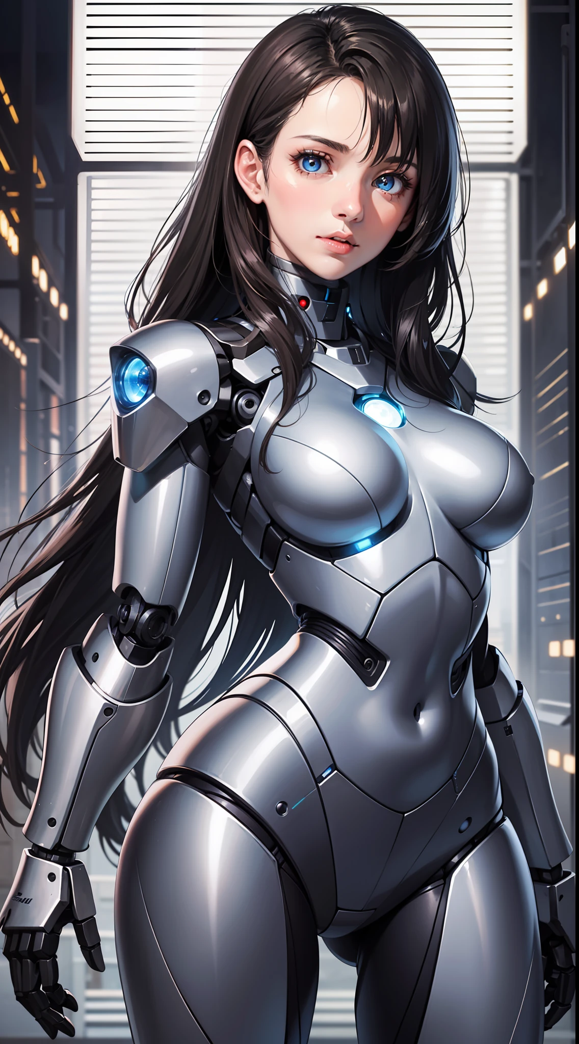 masterpiece, best quality,
1girl, solo, long hair, photorealistic,
(finely detailed beautiful eyes: 1.2),open clothes, glowing eyes, shiny hair, lustrous skin,((1 life-like robot)), metal construction, wires and cables, (glowing eyes), (mechanical arms), science fiction,(large mecha arm),cowboy shot, energy tank,