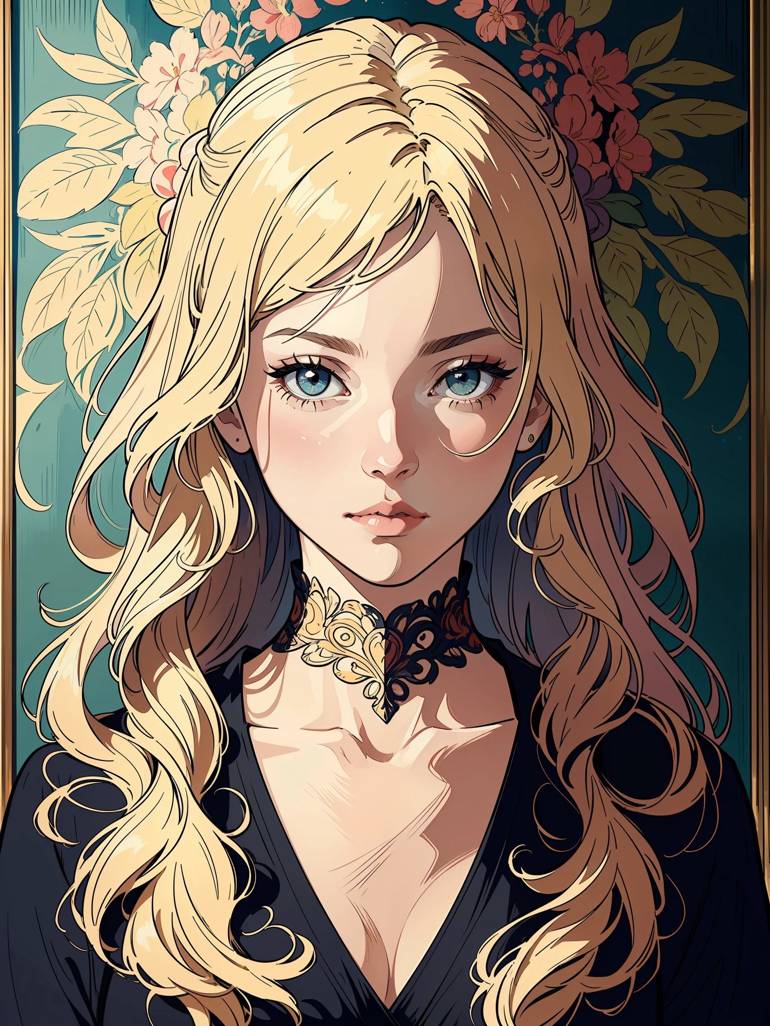 European women's face portrait, long curly hair, blonde, floral frame, decorative panel, abstract
Art by Alphonse Mucha, sketch, character lines and scenes without colors and shadows.
(Masterpiece, Best Quality, Highres:1.4), Detailed, Intricate Details, 4K, color splashes, line art, fibonacci,