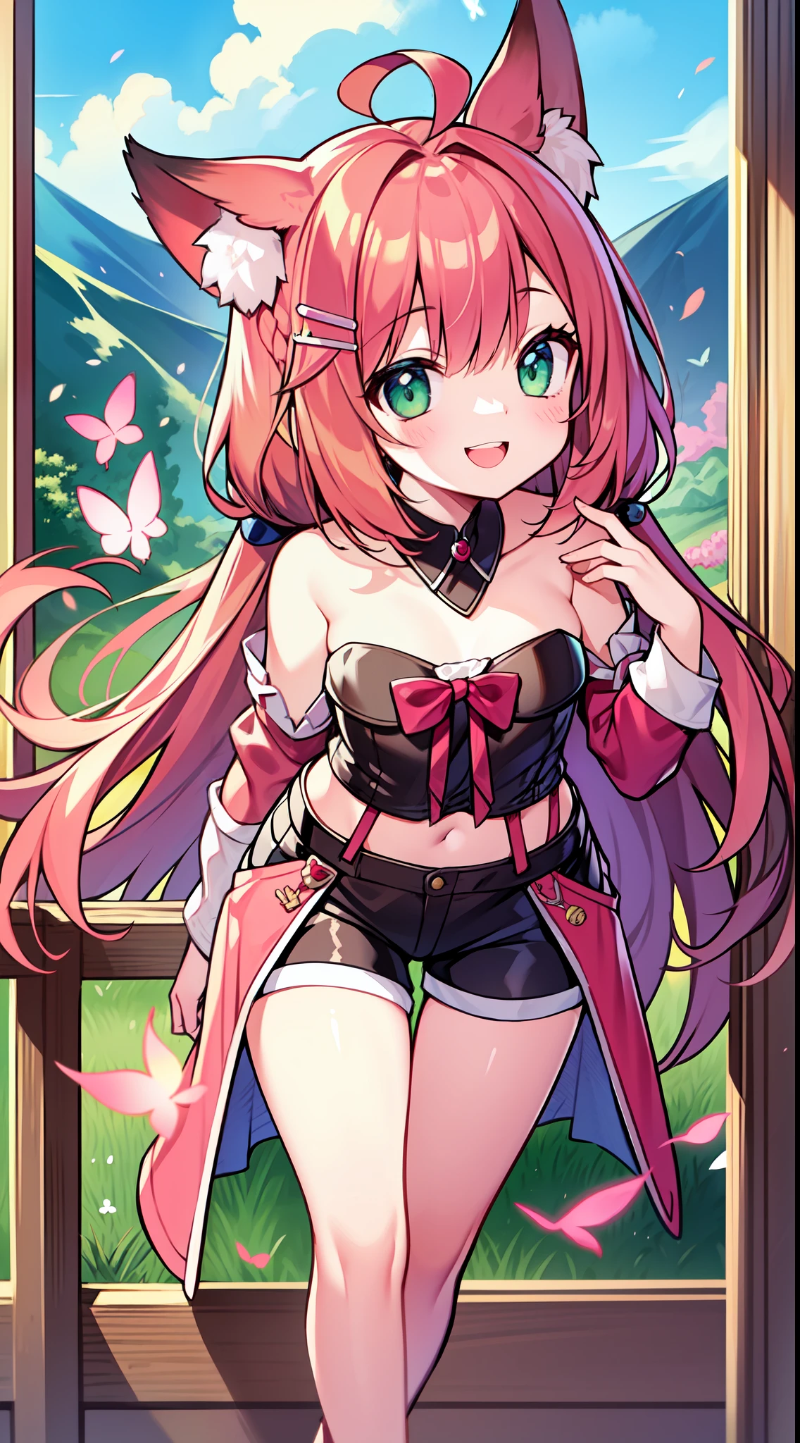 (dutch tilt:1.5), masterpiece, 8k wallpaper, absurdres best quality, dynamic angle, 1girl, fox ears, charming, delicate, extremely cute, small breasts, crimson hair, ahoge, long hair, side locks, hair braids, detailed eyes, green eyes, (strapless top, shorts, mischievous big smile, mischievous, standing, leaning forward:1.2), hair clips, blush, detailed background, outdoors, nature, sakura trees, sun, bushes, [butterflies], mountains, sun, clouds