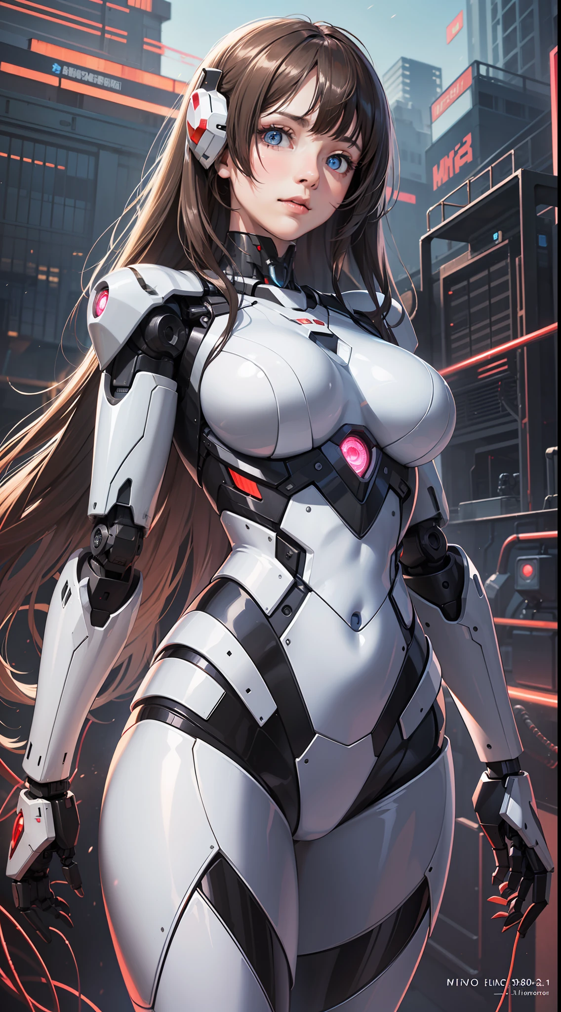 masterpiece, best quality,
1girl, solo, long hair, photorealistic, 
(finely detailed beautiful eyes: 1.2),open clothes, glowing eyes, shiny hair, lustrous skin,((1 life-like robot)), metal construction, wires and cables, (glowing eyes), (mechanical arms), science fiction,(large mecha arm),cowboy shot, energy tank,