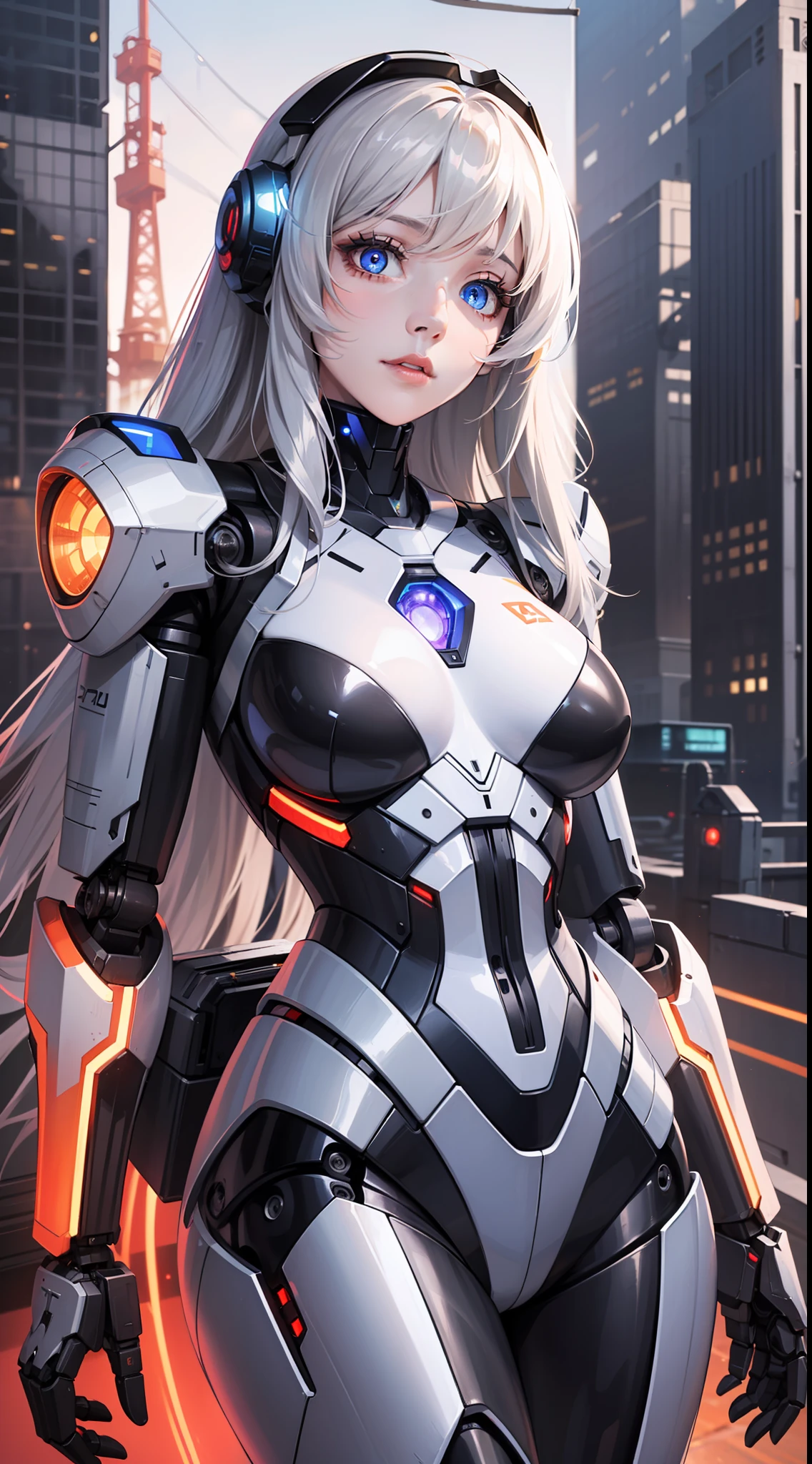 masterpiece, best quality,
1girl, solo, long hair, photorealistic, 
(finely detailed beautiful eyes: 1.2),open clothes, glowing eyes, shiny hair, lustrous skin,((1 life-like robot)), metal construction, wires and cables, (glowing eyes), (mechanical arms), science fiction,(large mecha arm),cowboy shot, energy tank,