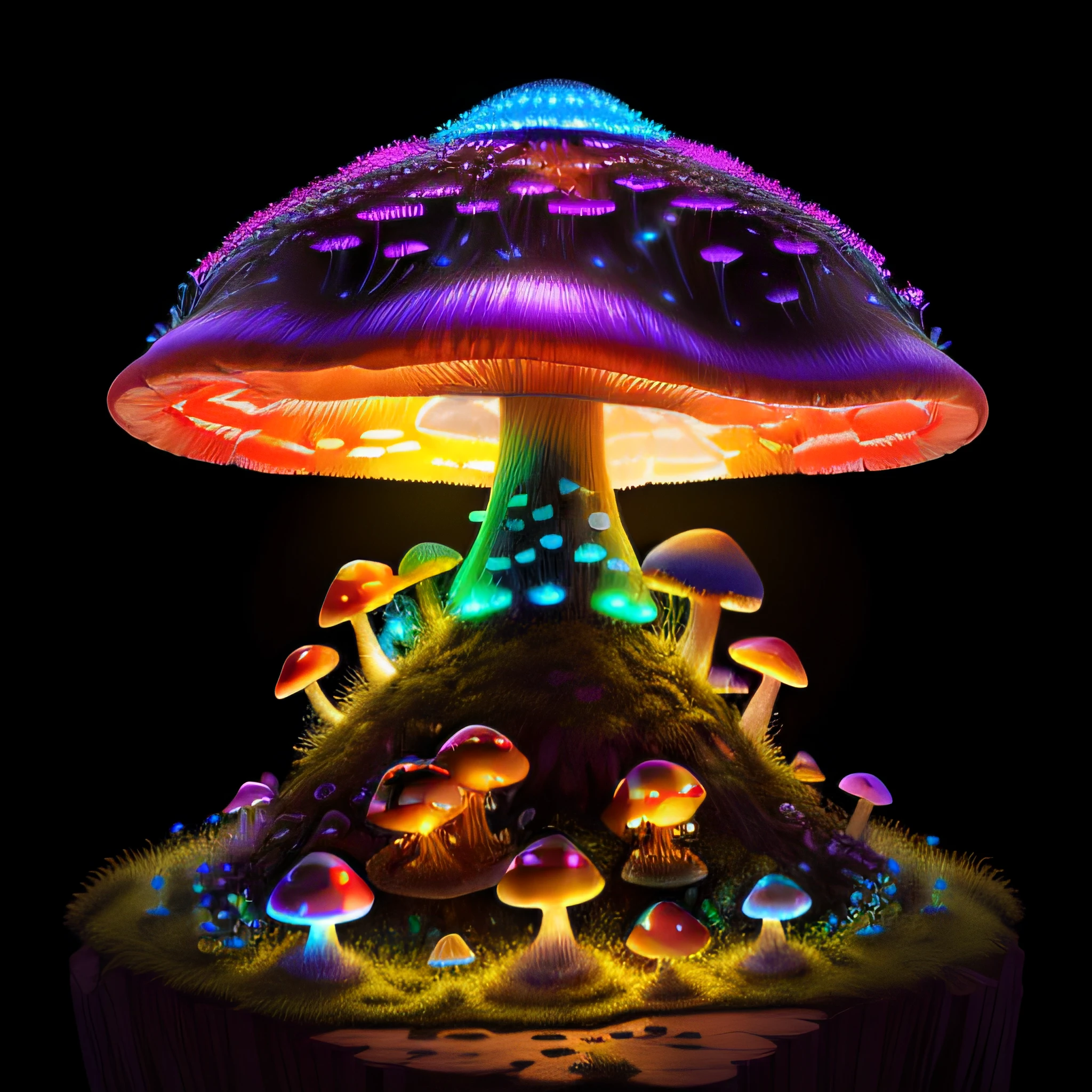 Un hongo colorido con luces brillantes sobre un fondo oscuro, psychedelic mushrooms dream, magic mushroom, Neon mushrooms, hongos brillantes, magic mushrooms, Seta trippy, Psychedelic mushrooms, Setas fluorescentes, Fractales de hongos, hongo brillante, Casa de hongos, Mushroom City, Ciudad Cyber Mushroom, psychedelics, Neon yellow bright mushrooms, magic fantasy highly detailed, hongo nuclear, setas coloridas con fondo carabelico