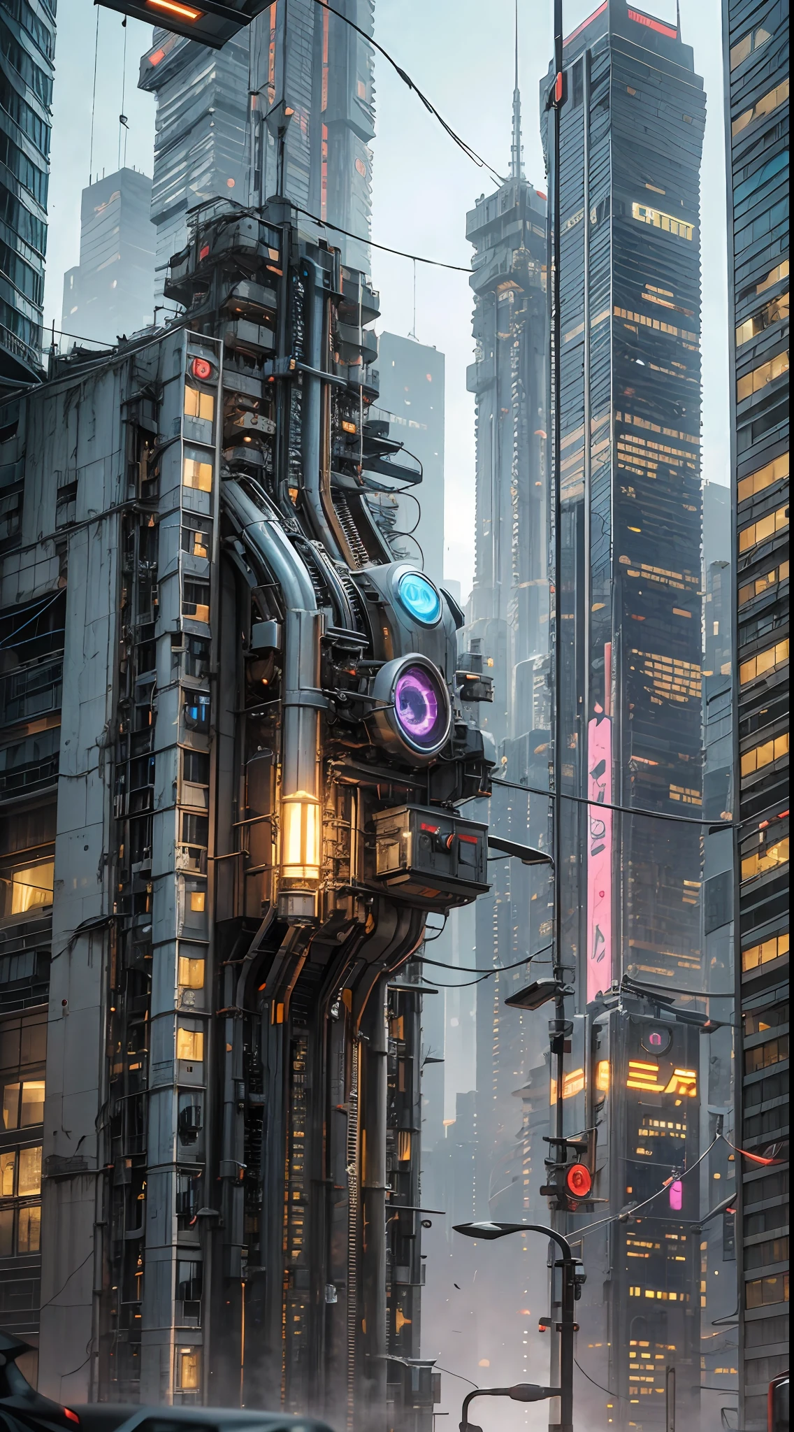 Cyberpunk, futuristic, mechanical aesthetics, complex machinery, high-tech lighting scene of futuristic city in the background, virtual engine 5,