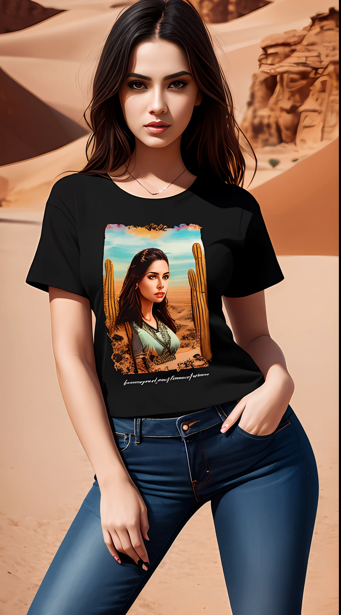Create latin young women, in Full body photography of the most beautiful artwork in the world, a beautiful woman in intricate black round neck Tee-shirt, tight dirty jeans, ankle boots in the desert, rainbow colors, ArtStation, CGSociety, complex, high detail, clear focus, dramatic, realistic pictorial art trends Greg Rutkovsky