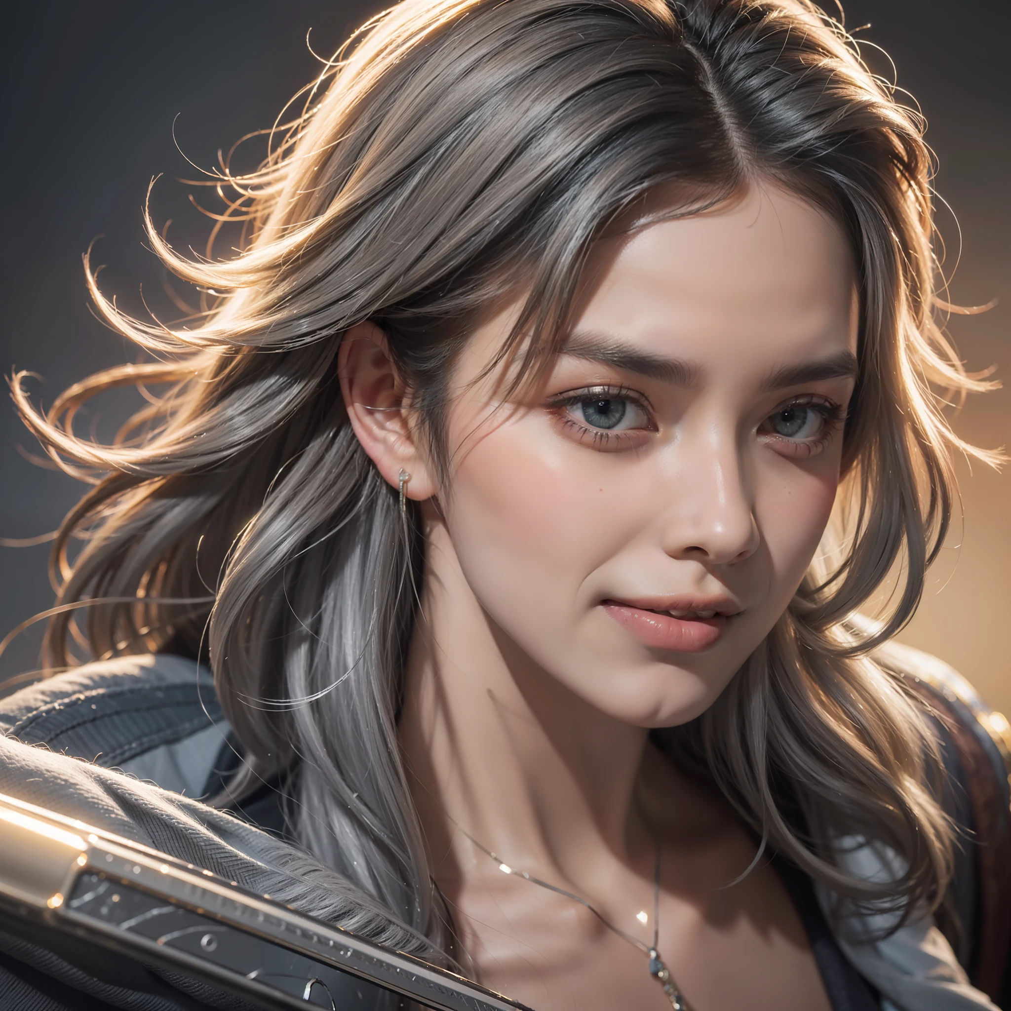 ancient wind,Handsome swordsman,grey hair, streaked hair, hair strand, gradient eyes, light smile, Surrealism, Neoclassicism, chiaroscuro, ray tracing, close-up, 8k, super detail, best quality, anatomically correct