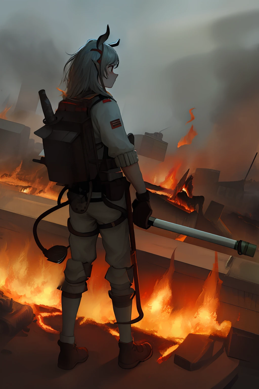 A rhinoceros wearing a European-style fire suit，Back air cylinder，Axe and hose in hand，Standing in the middle of the fire