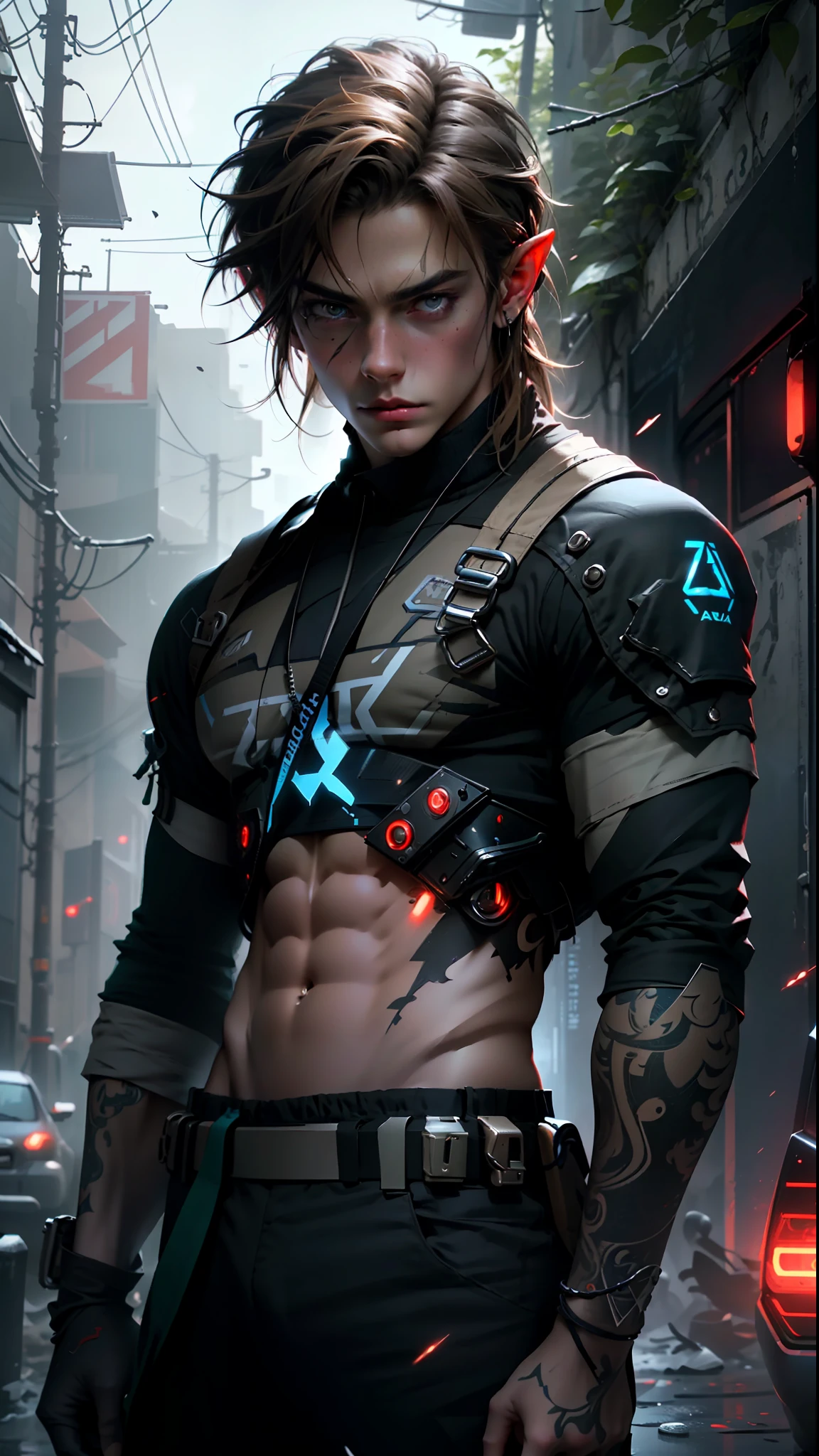 ultra detail, high resolution, ultra detailed, best quality, amazing, top quality, extremely detailed CG 8k wallpaper unit, cinematic lighting, Zelda cyberpunk link, cyberpunk, dark boy