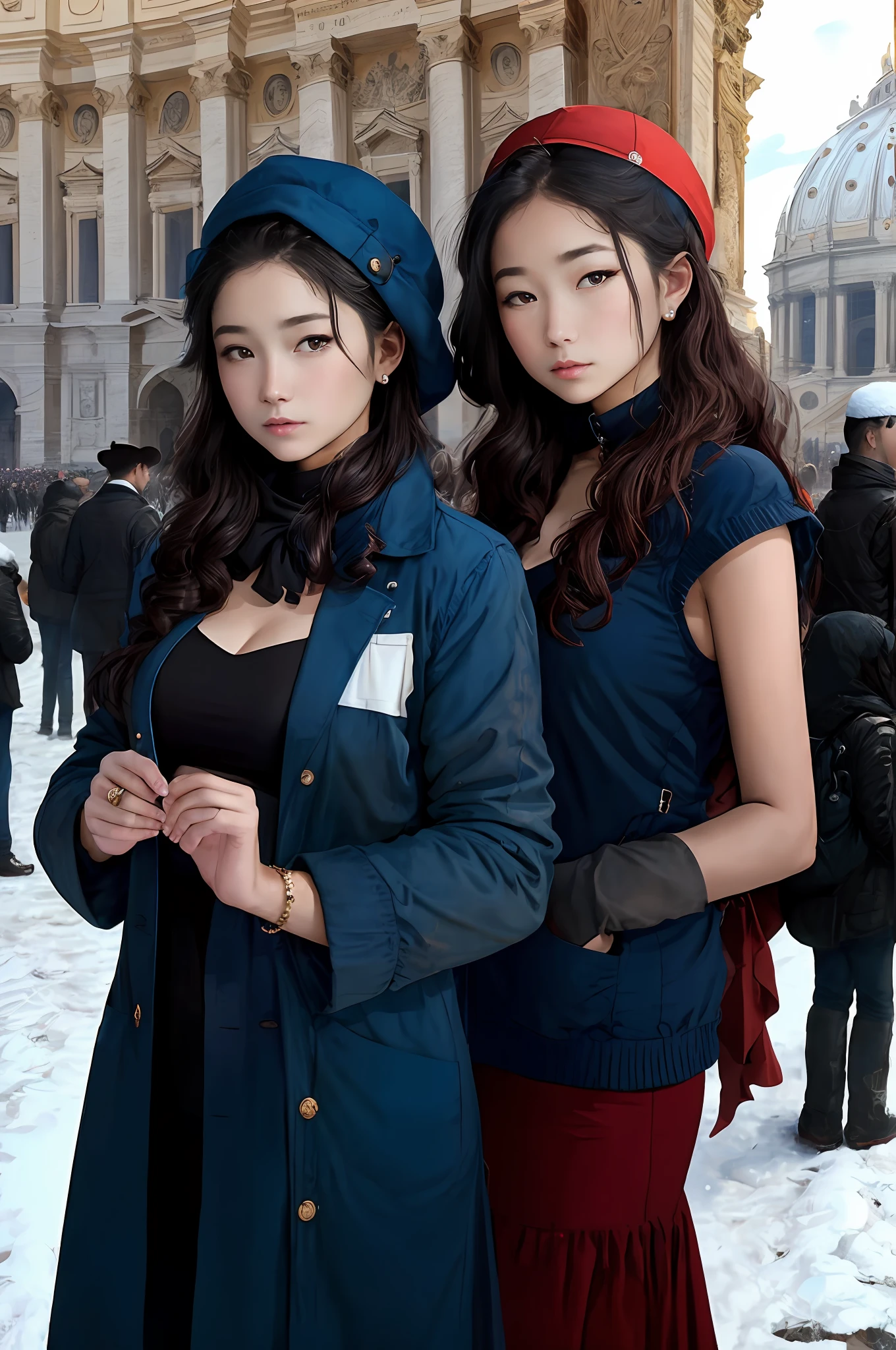 （Positive focus),2girls,duo,navel,(on the St. Peter's Square of Vatican,crowd,winter,Snowy),Surrealistic Female Portraits by David Hockney and Alphonse Mucha,Fantasy art,photograph realistic， Dynamic lighting，art  stations,poster for,Volumetriclighting,Very detailed faces,4K,Award-Awarded,Fantastic costumes,Deep shadows,low tune,cowboy lens， （official outfit：1.4）， looking at the camera in， Half-body shot，（（Realistic face））），